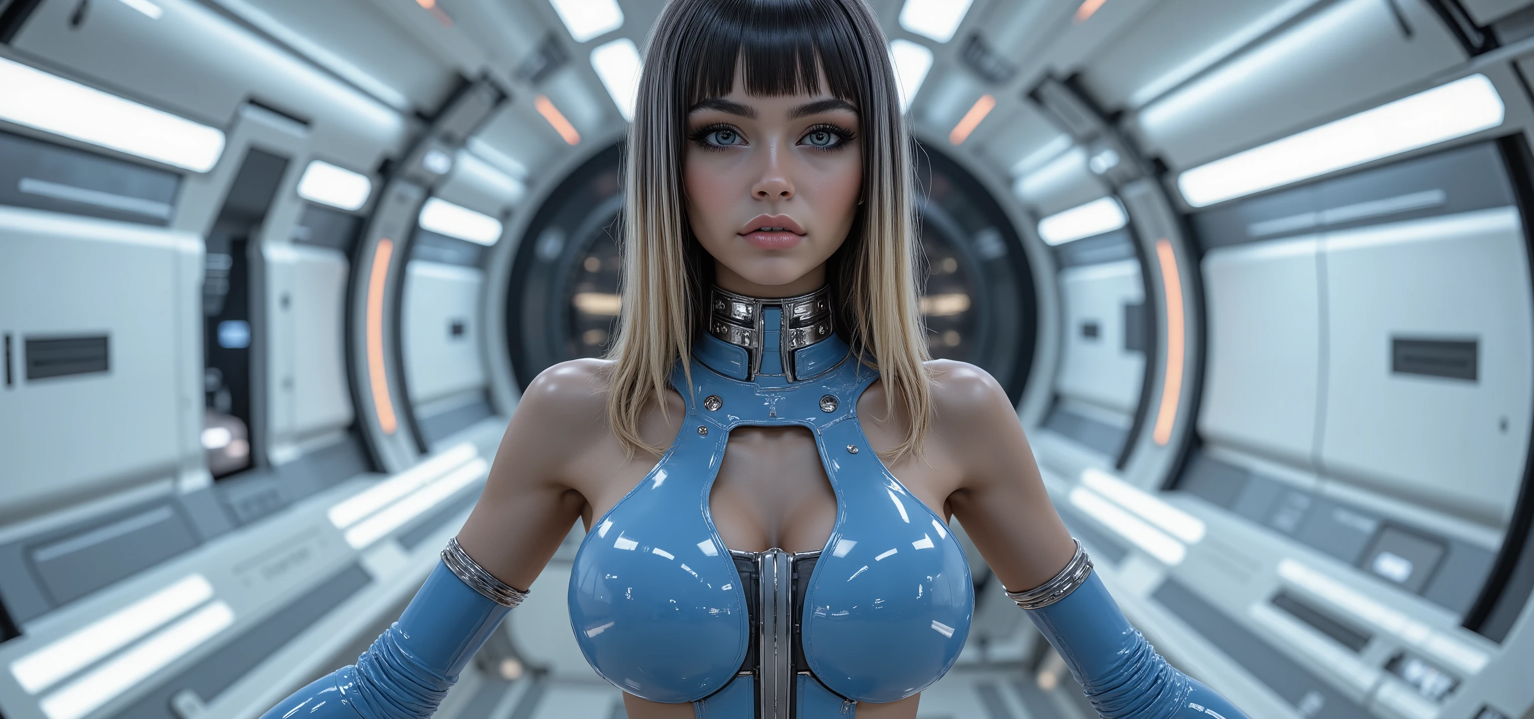 very sharp picture, several beautiful girls,looking at viewer, (( beautiful brazilian model aligned:1.8)),full body view ,(photorealism: 1.4),( hot girl dark brown skin),(complex and realistic skin texture:1.4),dynamic rear view,19years old,insane extremely long blond black hairs fringe, sci-fi,very skinny,very small ass,tight Tight glossy blue white latex combinaison, large cleavage, in a white spaceship ,insane tiny waist and hips,metal large choker, high rise belt, round breast,angelic cute face, white teeth, perfect beauty, perfect eyes render, long eyelashes,large pink lips, (very strong lighting:1.8), hyper realistic and detailed face , blue eyes,(((sharp focus on all bodies:1.8))),