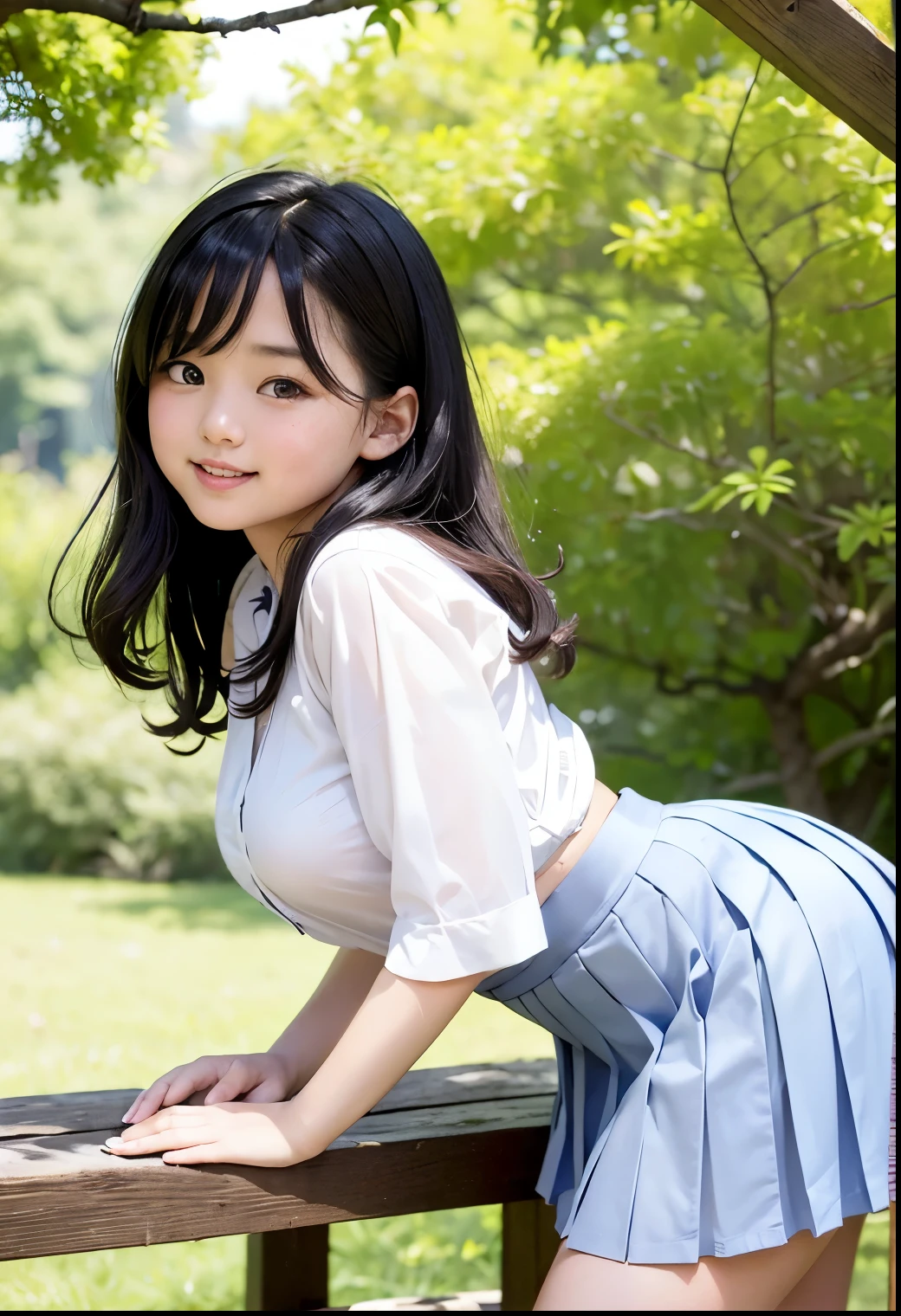( Highest quality, masterpiece:1.3, Ultra High Definition),( very well detailed、 caustics) (  exists:1.4, RAW shooting、)Ultra-  exists Capture、 very well detailed、 The natural skin texture of the、stands out on the pale blue background 、 masterpiece、(  Japanese  wearing a blouse and pleated skirt:1.3)、  adorable expression 、Expressions of joy、、: 、baby face、 innocent giingly cute、the blackboard with the tip of the nipple  、  curly hair 、ribbons、    black hair、 Big Breasts、 Glowing Thighs、Shining Ass、 necklaces、On the lakeside in the shade of trees、Background details、smile、 An inviting gaze 、( anatomically accurate)、 cowboy shooting 、  attention to detail 、 lifts her chest from the bottom with both hands  、
