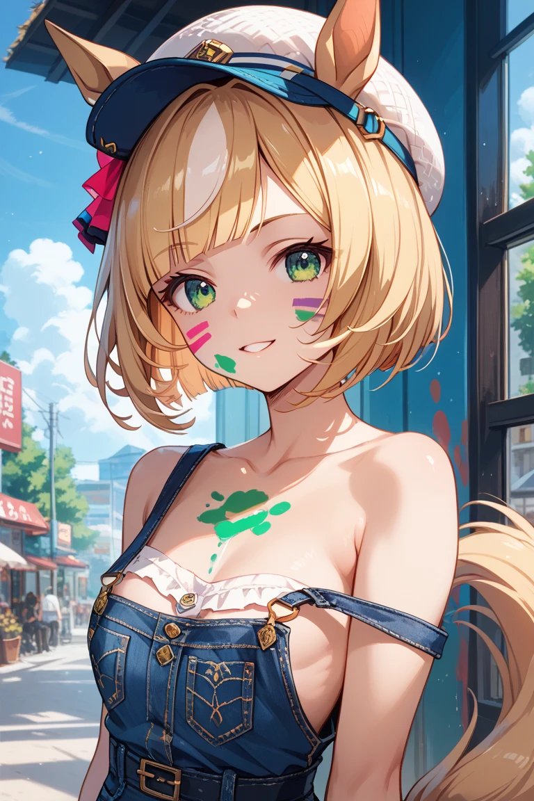 A mischievous girl with a sly grin, standing in a busy city. She has sharp, narrow eyes giving a teasing look, and her eyebrows are raised in a playful manner. She wears a with a playful twist:, funky socks, and a few quirky accessories like bracelets and hair clips.. laying on her bed seductively .,(masterpiece:1.3),(highest quality:1.4),(ultra detailed:1.5),High resolution,extremely detailed,unity 8k wallpaper, blonde hair, green eyes, wearing nothing, nsfw, ?????