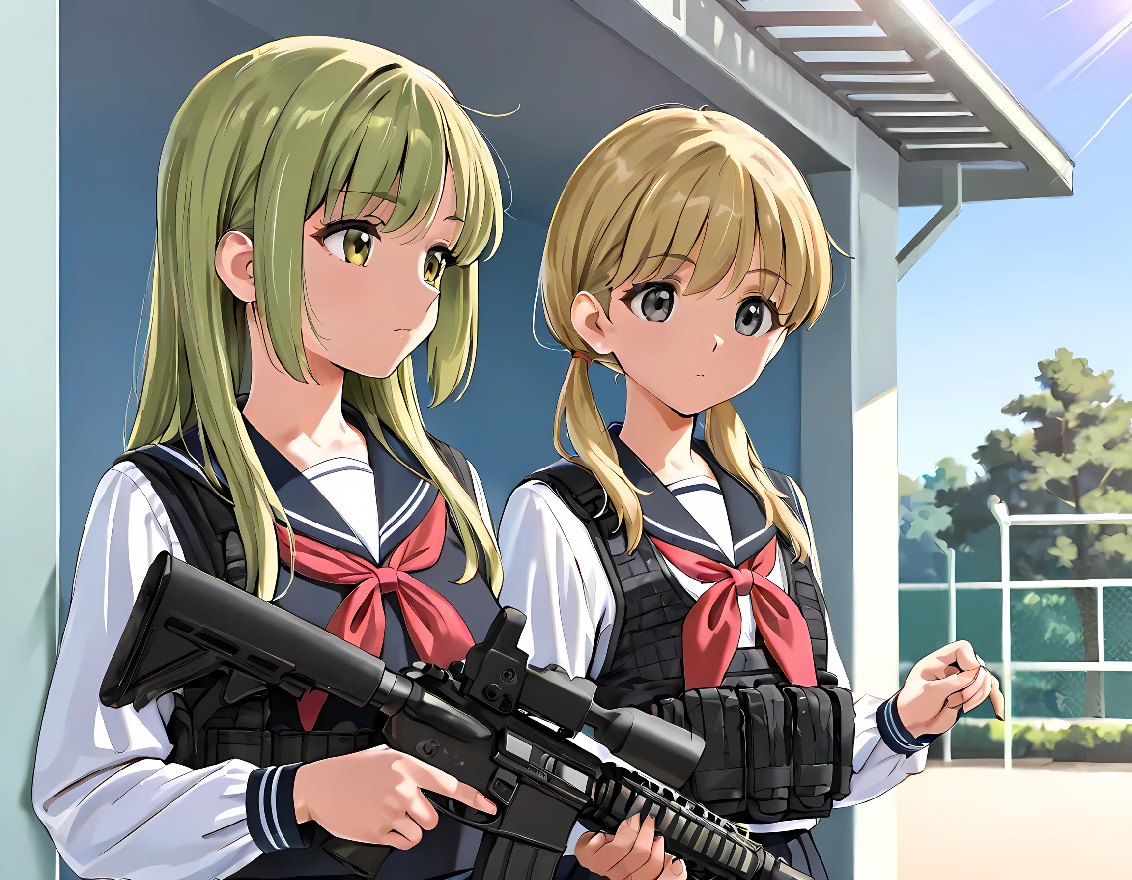 masterpiece, best quality, 8K, high detailed, vector illustration, detailed beautiful face, (yd\(orange maru\):0.9), (reizei\(cyclone\):0.6), (ame\(uten cancel\):0.6), school uniform, JK, Cinematic Girls With Guns Style, 2girls upper body, sunlight, clear sky, At the school's outdoor shooting range,A high school girl with an M4 rifle is being taught how to shoot by a student instructor standing next to her, the instructor girl has medium-long yellow-green hair and yellow-green eyes, and wears a long-sleeved black sailor uniform with a khaki ballistic vest, The other high school girl has short, twin-tailed chestnut hair and gray eyes, is wearing a long-sleeved black sailor uniform, a black tactical vest, and is holding an M4 rifle, There is a shooting stand set up in the shooting range, and students from the same school are shooting there, The two high school girls are trying to avoid making any mistakes with serious expressions on their faces