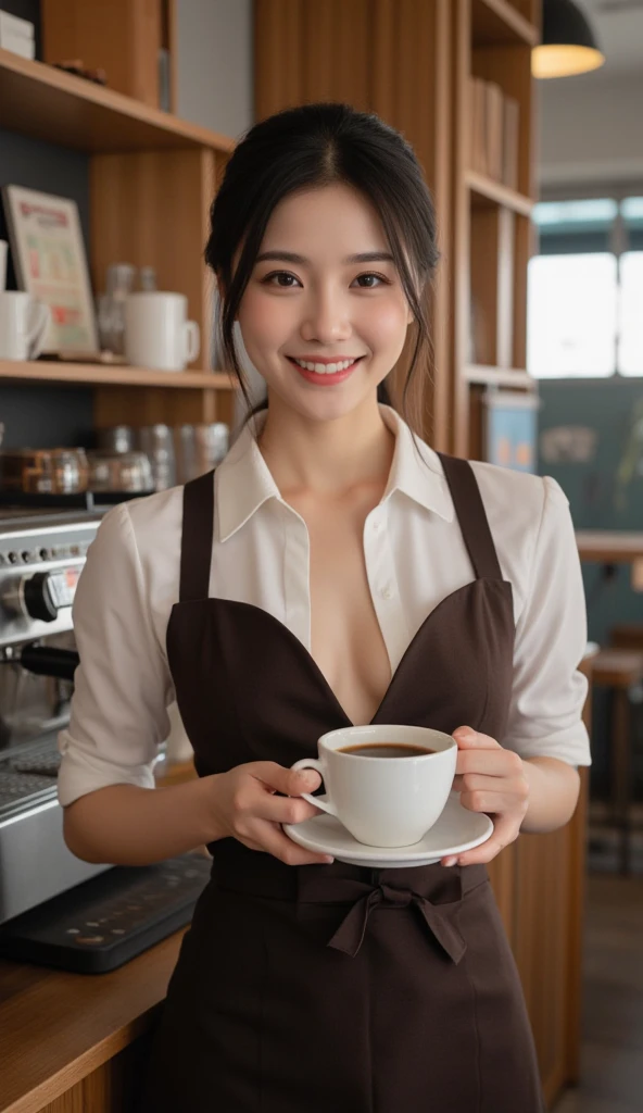 (masterpiece:1.2),1girl,pale_skin,realistic skin,large breasts,facing viewer,looking at viewer,A skilled barista wearing a stylish apron over a casual tee,crafting the perfect latte art in a cozy coffee shop,medium breast,vibrant colors,black hair,smile,masterpiece,best quality,
<lora:Underboob:1>,underboob, masterpiece, best quality,