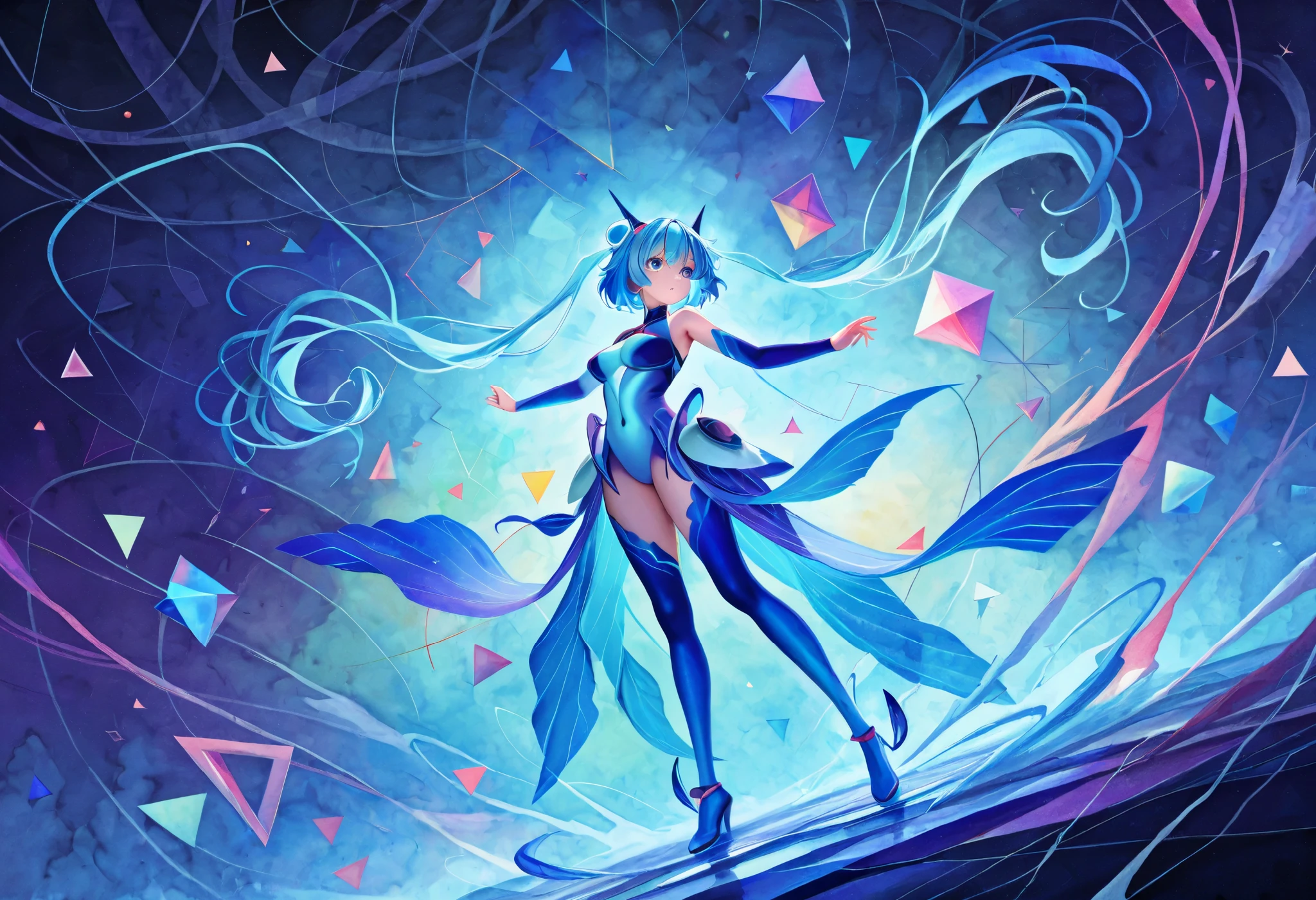 A mystical anime character with soft yet vibrant blue hues, her body merging into a cascade of abstract, watercolor-inspired shapes, highly detailed fantasy digital painting. --ar 3:4 --style raw --profile --stylize 300 --niji 6