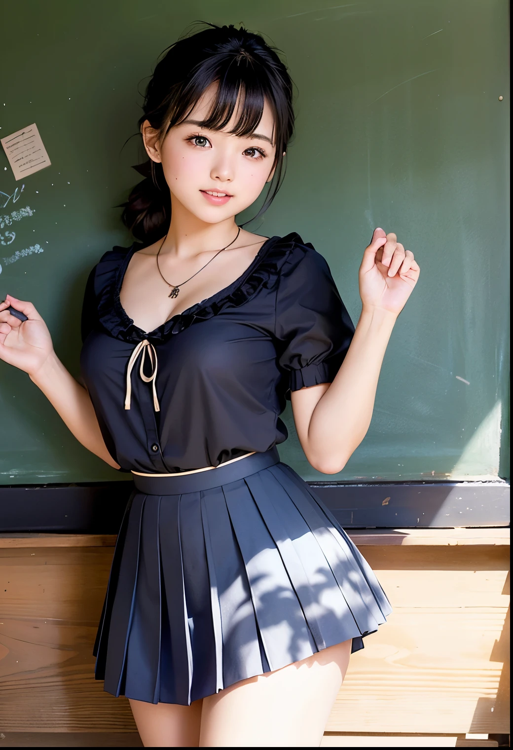 ( Highest quality, masterpiece:1.3, Ultra High Definition),( very well detailed、 caustics) ( exists:1.4, RAW shooting、)Ultra- exists Capture、 very well detailed、 The natural skin texture of the、stands out on the pale blue background 、 masterpiece、( Japanese wearing a blouse and pleated skirt:1.3)、 adorable expression 、Expressions of joy、、: 、baby face、 innocent giingly cute、the blackboard with the tip of the nipple 、 curly hair 、ribbons、 black hair、 Big Breasts、 Glowing Thighs、Shining Ass、 necklaces、On the lakeside in the shade of trees、Background details、smile、 An inviting gaze 、( anatomically accurate)、 cowboy shooting 、 attention to detail 、 lifts her chest from the bottom with both hands 、