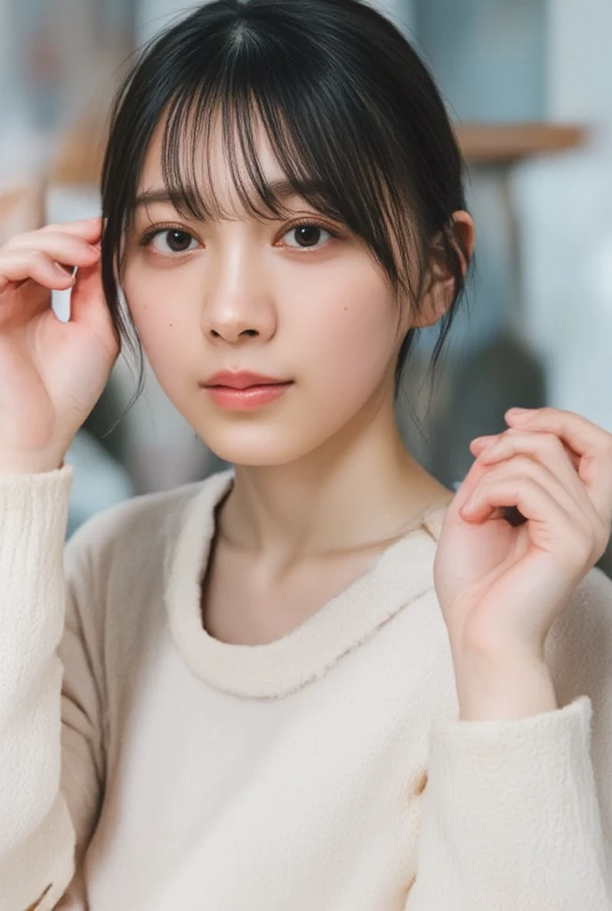 masterpiece, highest quality, 8k, 20th Generation, Large , cute, alone, sad, cute, Girlish, Delicate girl, Pure beauty,  RAW Photos, Professional photography, Portraiture, Soft Light, Professional Lighting, Backlight, Head to Knee, avert your eyes, Sophisticated, Film Grain, (Eyes and facial details:1.0), Short floating hair, Beautiful, flowing hair, bangs, (Loose cardigan(Pale lavender))、(Large Breastsou can see a little cleavage、Microirt、Voluptuous thighs、Dolly Makeup、Odd Eye、The colour of the eyes are completely different