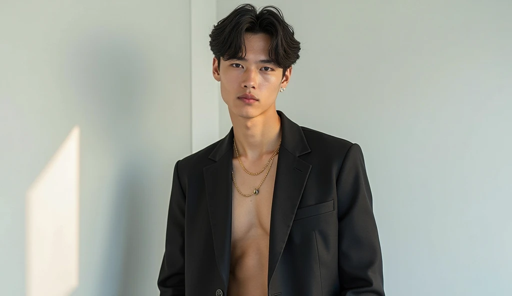 Highest quality, masterpiece, Ultra-high resolution, (Realistic: 1.4), Original photo, wallpaper, Head Photo, skin, Simple Background, iris, detailed, Underground Prison, Male idols,South Korea, 18-year-old, Black bow tie, Black trunks,Chained in shackles,Staring at me