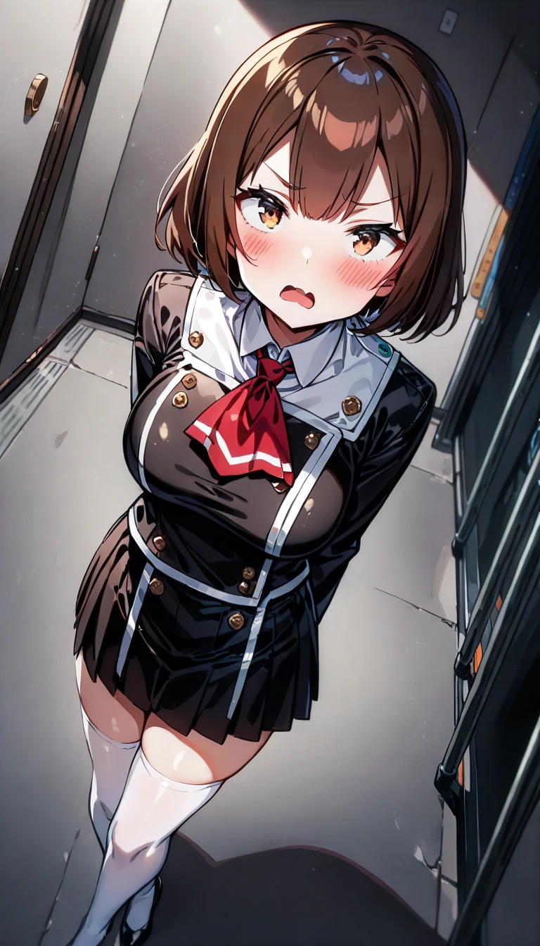 masterpiece、Highest quality、Best image quality、High resolution、Big Breasts、Brown Hair、Red Eyes、short hair、Black Uniform、Unbranded uniform