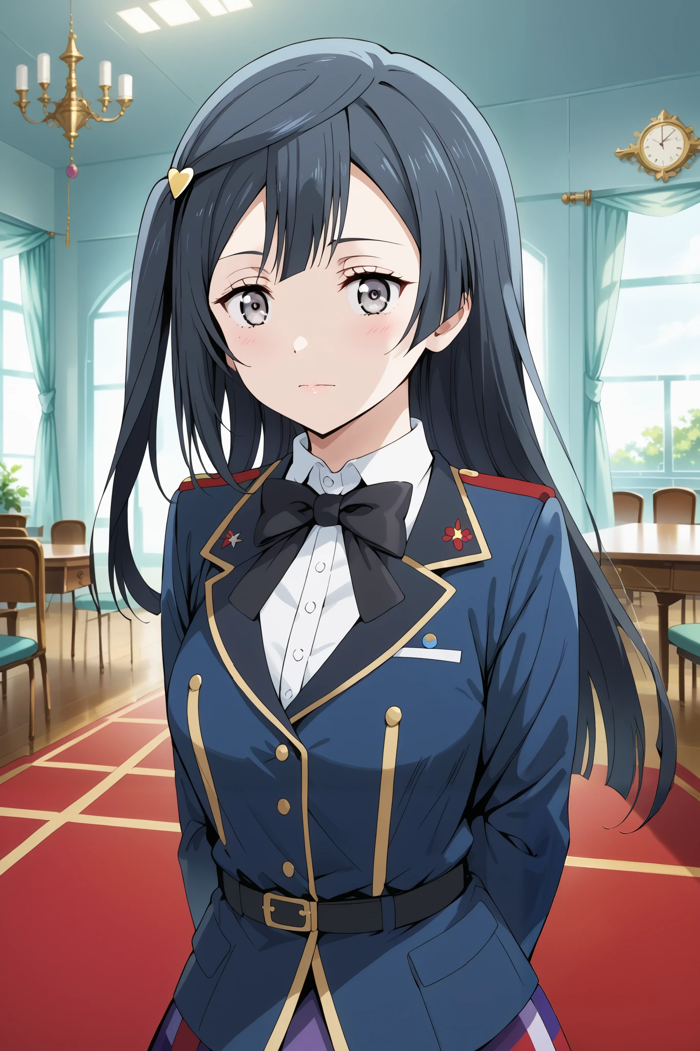 score_9, score_8_up, score_7_up, source_anime, 4K,perfect fingers,(perfect hands, perfect anatomy),prefect lighting, very aesthetic, intricate details,highly detailed background, masterpiece, high quality, best quality,
1girl, setsuna yuuki, yuuki setsuna (love live!), long hair, bangs, black hair, sidelocks, grey eyes, one side up, hair ornament, Large Breast,,
wearing ((black bowtie, )),,
looking at viewer, indoors, military place, (perfect hands, perfect anatomy),(arms behind back:1.5),