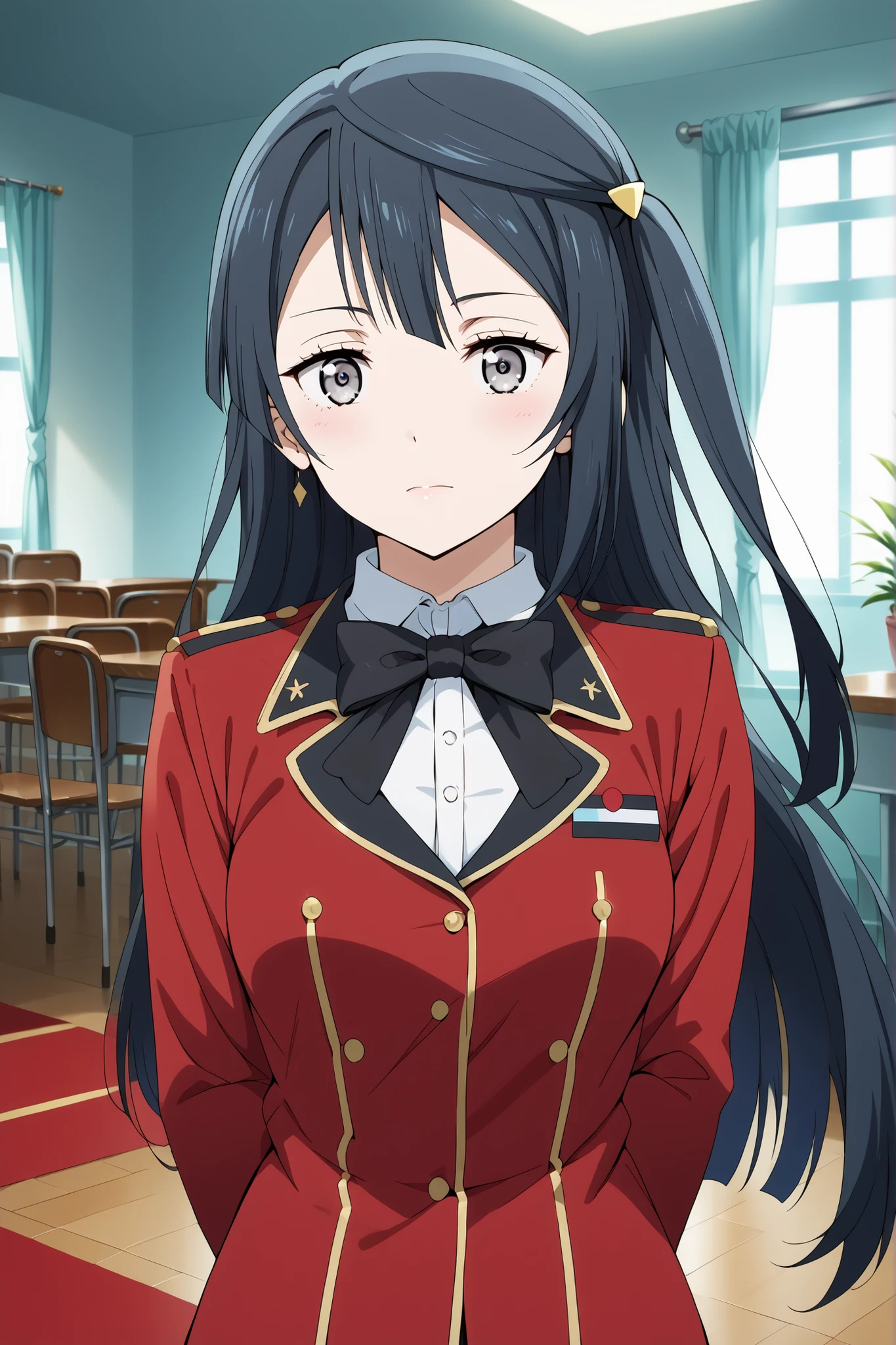 score_9, score_8_up, score_7_up, source_anime, 4K,perfect fingers,(perfect hands, perfect anatomy),prefect lighting, very aesthetic, intricate details,highly detailed background, masterpiece, high quality, best quality,
1girl, setsuna yuuki, yuuki setsuna (love live!), long hair, bangs, black hair, sidelocks, grey eyes, one side up, hair ornament, Large Breast,,
wearing ((black bowtie, )),,
looking at viewer, indoors, military place, (perfect hands, perfect anatomy),(arms behind back:1.5),