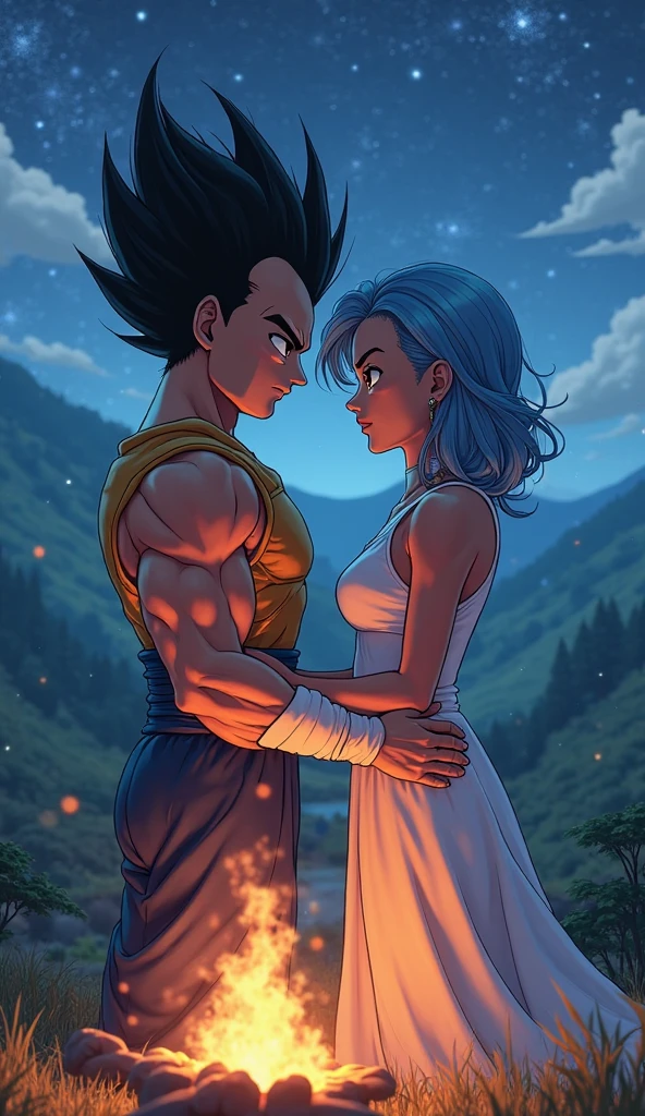 Bulma and Vegeta kissing dressed in blue