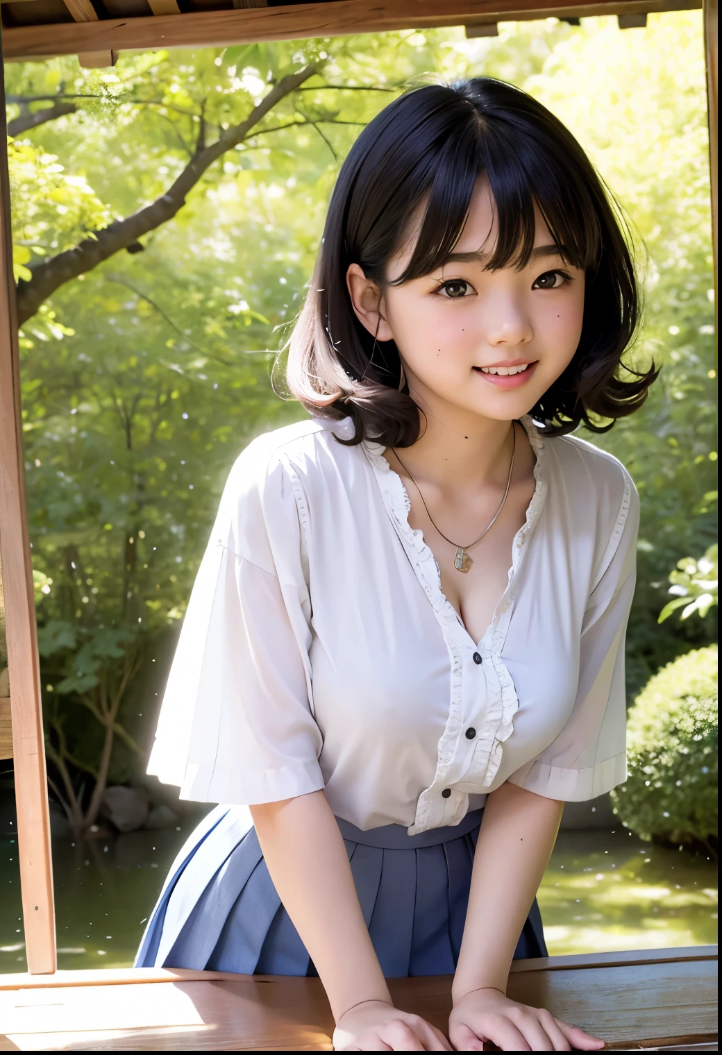 ( Highest quality, masterpiece:1.3, Ultra High Definition),( very well detailed、 caustics) (  exists:1.4, RAW shooting、)Ultra-  exists Capture、 very well detailed、 The natural skin texture of the、stands out on the pale blue background 、 masterpiece、(  Japanese  wearing a blouse and pleated skirt:1.3)、  adorable expression 、Expressions of joy、、: 、baby face、 innocent giingly cute、the blackboard with the tip of the nipple  、  curly hair 、ribbons、    black hair、 Big Breasts、 Glowing Thighs、Shining Ass、 necklaces、On the lakeside in the shade of trees、Background details、smile、 An inviting gaze 、( anatomically accurate)、 cowboy shooting 、  attention to detail 、 lifts her chest from the bottom with both hands  、