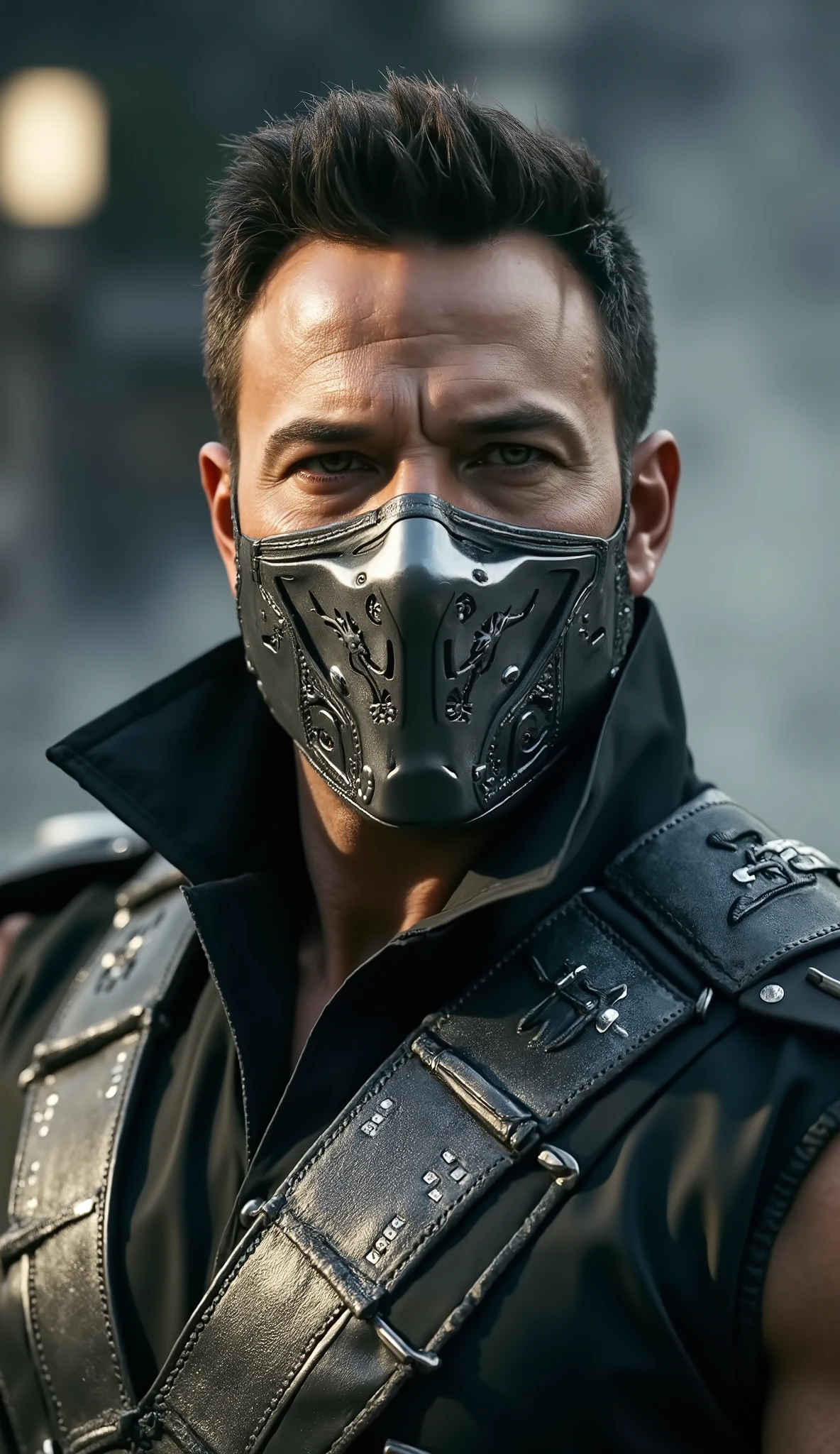 Here is a prompt designed to generate a super realistic image by Ben Affleck as Smoke, in her shiny and metallic outfit, in addition to a shiny metallic gray mask, focused on the upper body:
"Close-up hiper-realista do Ben Affleck como Smoke, the enigmatic ninja and master of shadows of * mortal kombat*. He is in an intense and mysterious pose, with a calm expression , but threatening. Smoke wears his iconic shiny metallic costume, with gray and black details that reflect light in an impressive way. His metallic gray mask, that covers part of the face , is highly detailed , with brilliant reflections and intricate patterns that match your costume. The focus is on the face and upper body, highlighting the skin texture , the metallic reflections of the clothing and mask, and the intensity of her eyes. The lighting is dramatic , with cool tones and strong contrasts between light and shadow, creating a cinematic effect . The background is a realistic and dark setting, with gray lights, dense smoke and elements of an urban night environment, adding an intense and immersive atmosphere."
This prompt should guarantee an incredibly realistic and detailed image, focused on the upper body do Ben Affleck como Smoke, with his shiny metallic outfit and shiny gray metallic mask detail, against a striking background!