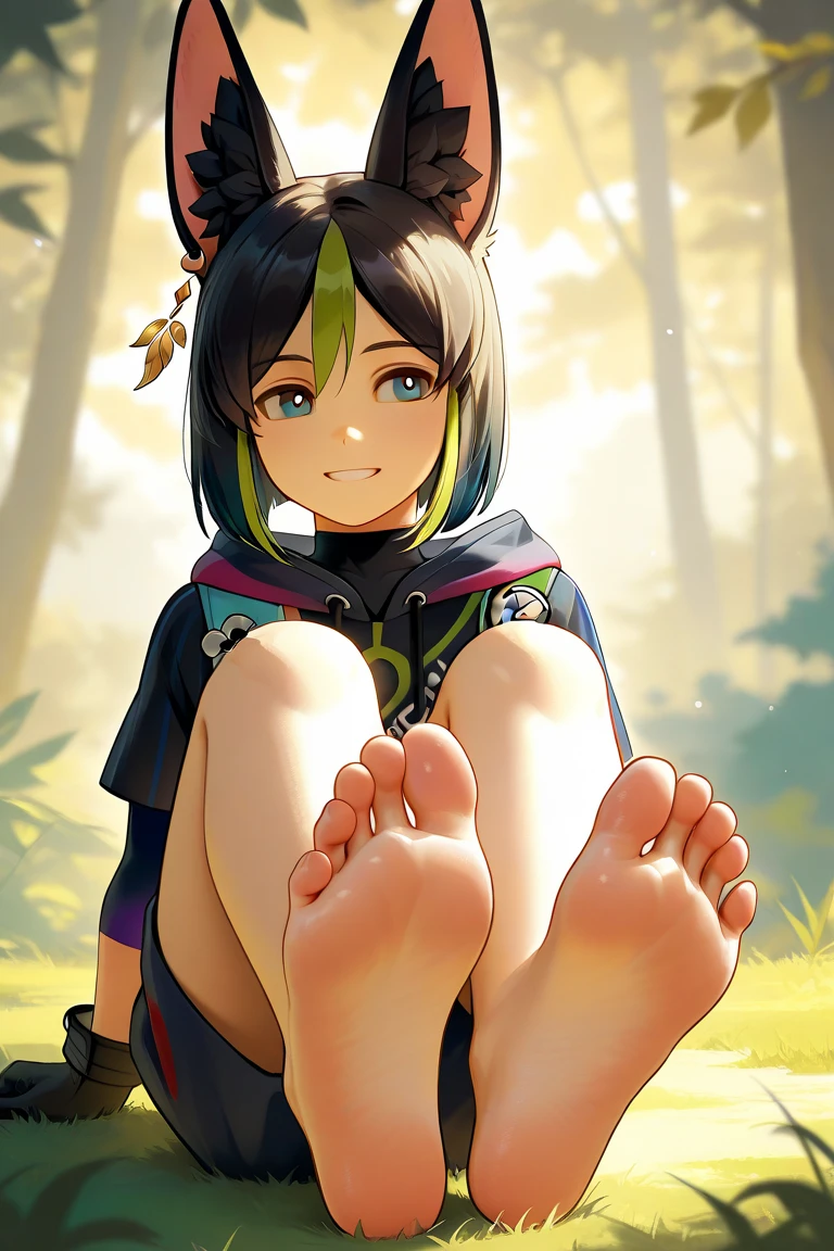 score_9,score_8_up,score_7_up,score_6_up,score_5_up, source_furry, long hair, hair covering ears, hadrian,from above,fisheye,standing and show foot,shanding and show sole,standing on one leg,foot focus,sole,barefoot, furry female, fox girl, auburn fur, fox markings, fluffy cheeks, yellow eyes, black hair, paw_sloe,sharp_toenails, claws, pawpads, naked, steaming and sweat feet, stinky feet