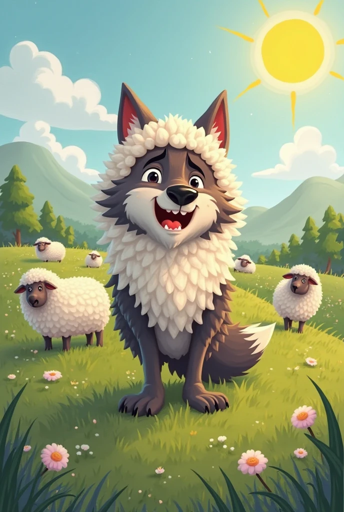 A picture of the disguised wolf**: shows the wolf wearing sheep wool, standing on the edge of green meadows.. . His expression shows resourcefulness and cunning, with a background that includes a flock of sheep that graze peacefully. The sun is shining, adding a sense of calm, but the wolf seems nervous because of his plan.
Inspired by the cartoon