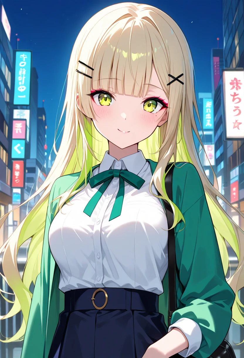 modern tokyo, 1 girl, long blonde hair in twin braids, green floral jumpsuit, green eyes, cute smile, detailed portrait, detailed face, photorealistic, 8k, extremely detailed, professional photography, vivid colors, natural lighting, beautiful detailed eyes, beautiful detailed lips, extremely detailed face, long eyelashes, intricate flower hair accessories, serene and peaceful atmosphere, realistic depth of field, stunning background cityscape