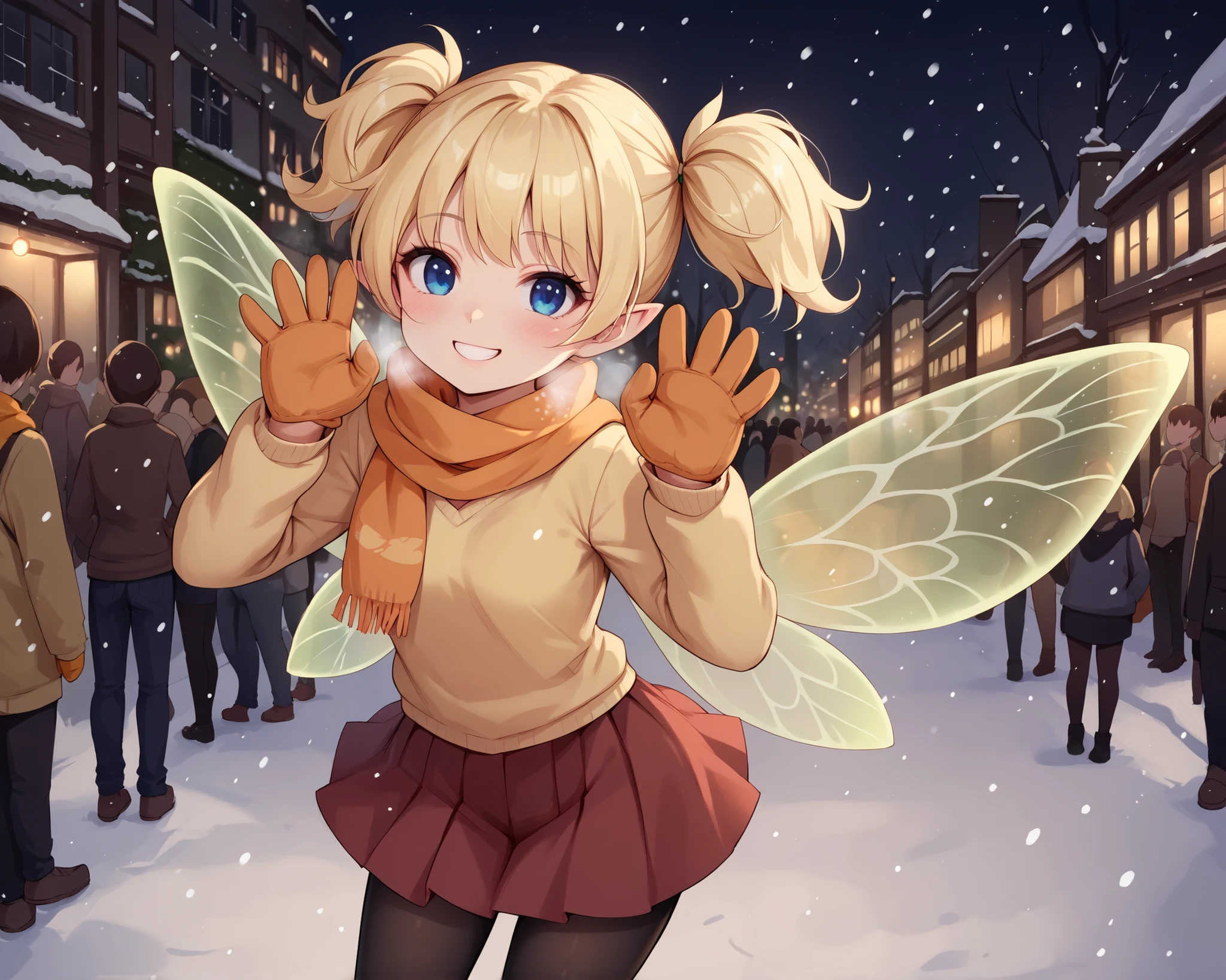 score_9_up, score_8_up, score_7_up, 1girl, solo, source_anime, fairy, FairyForm, Fairy Wings, Wings BREAK
Short twintails, fairy wings, bangs, small breasts, blonde hair, blue eyes BREAK
Orange scarf, long sleeves, yellow sweater, orange mittens, red skirt, black pantyhose BREAK
Closed mouth, smile, teeth, cute pose, heavy breathing, blush, standing, looking at viewer, falling snow, outdoors, snowing, snow, urban area, city lights, (night, night sky), crowd, faceless people BREAK