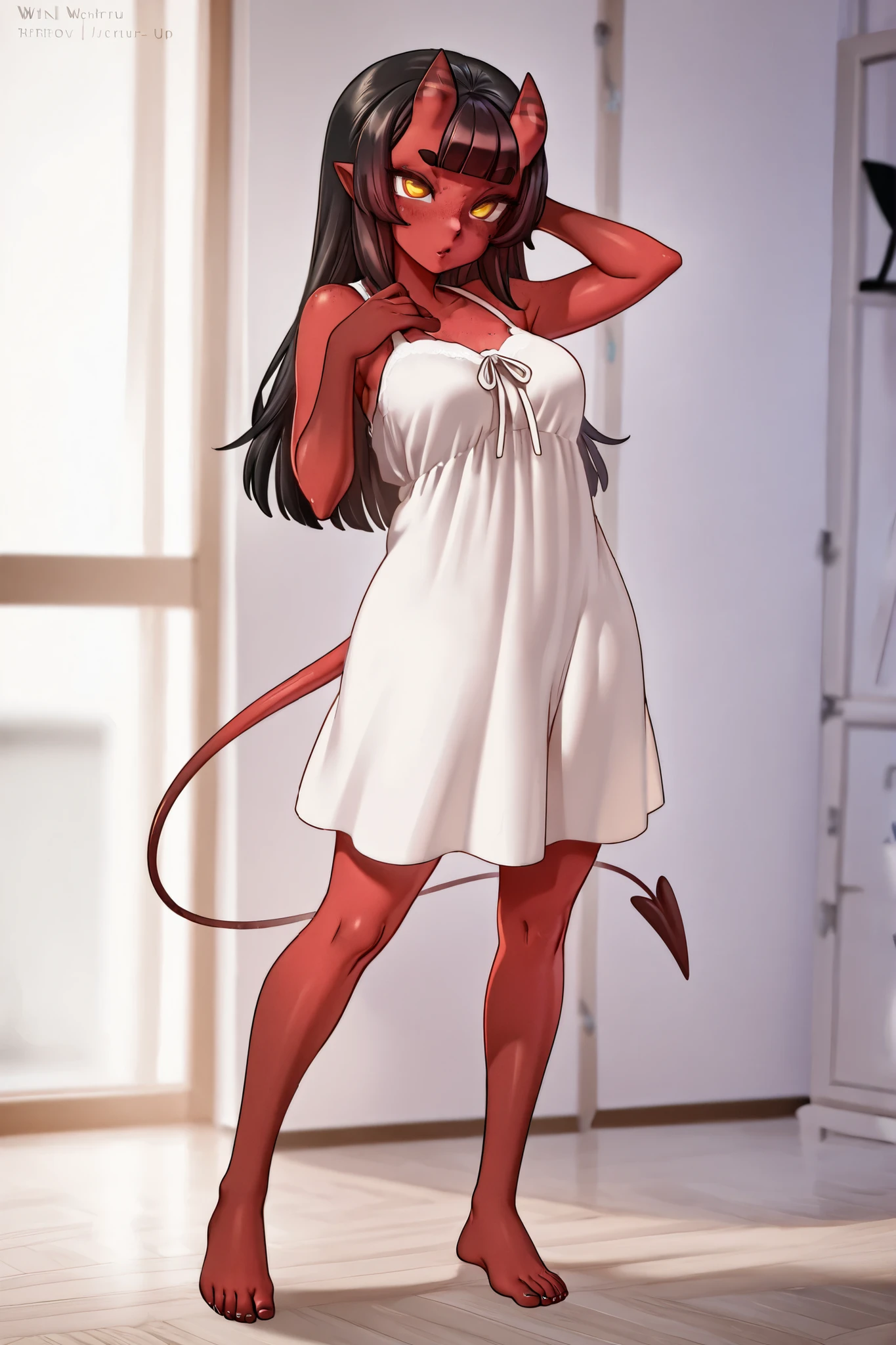 meruccubus, de "Merunyaa" official artist, devil woman with red skin, full-length portrait of [meruccubus].
{score_9, score_8_up, score_7_up, source_anime, wrnchmeru, yellow eyes, pointy ears, colored skin, red skin, demon girl, oni horns, skin-covered horns, mole under eye, freckles, body freckles, black hair, long hair, blunt bangs, medium breasts, demon tail.}
ultra detailed, absolutely high resolution, masterpiece.
focus on deep details on the face, perfect eyes, hyper-detailed pupils and irises in natural colors, perfect eyelashes, thin and feminine eyebrows of perfect size and detail, perfectly shaped feminine nose, hyper-detailed lips.
1 woman, {{meruccubus}}, extremely sharp image, bold and dynamic, contrasts of light and shadow, 2.5D, Artistic photography, Hyper-realistic.
{(the girl is facing away from the camera, wearing a full body sleep pajama that is cute and very tight, she is doing the doggystyle pose very sexy}}}