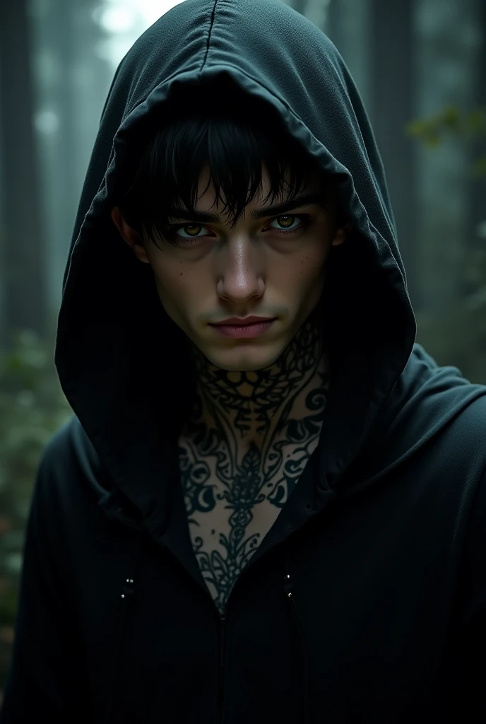 Light-skinned man with violet eyes, short black hair and a tattoo on his abdomen (in triangular shape) with scars on the face (dark fantasy) and 3