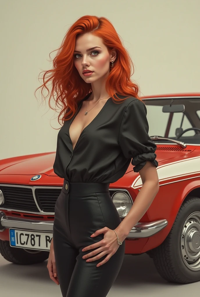
a realistic woman with long hair down to her waist, Red hair and light eyes. She must have white skin and a well-defined body but not be too thin., with big thighs and breasts. Include a sports car next to her. Her clothes should have a style that doesn't show too much of her body, but still revealing a little, balancing elegance and sensuality.