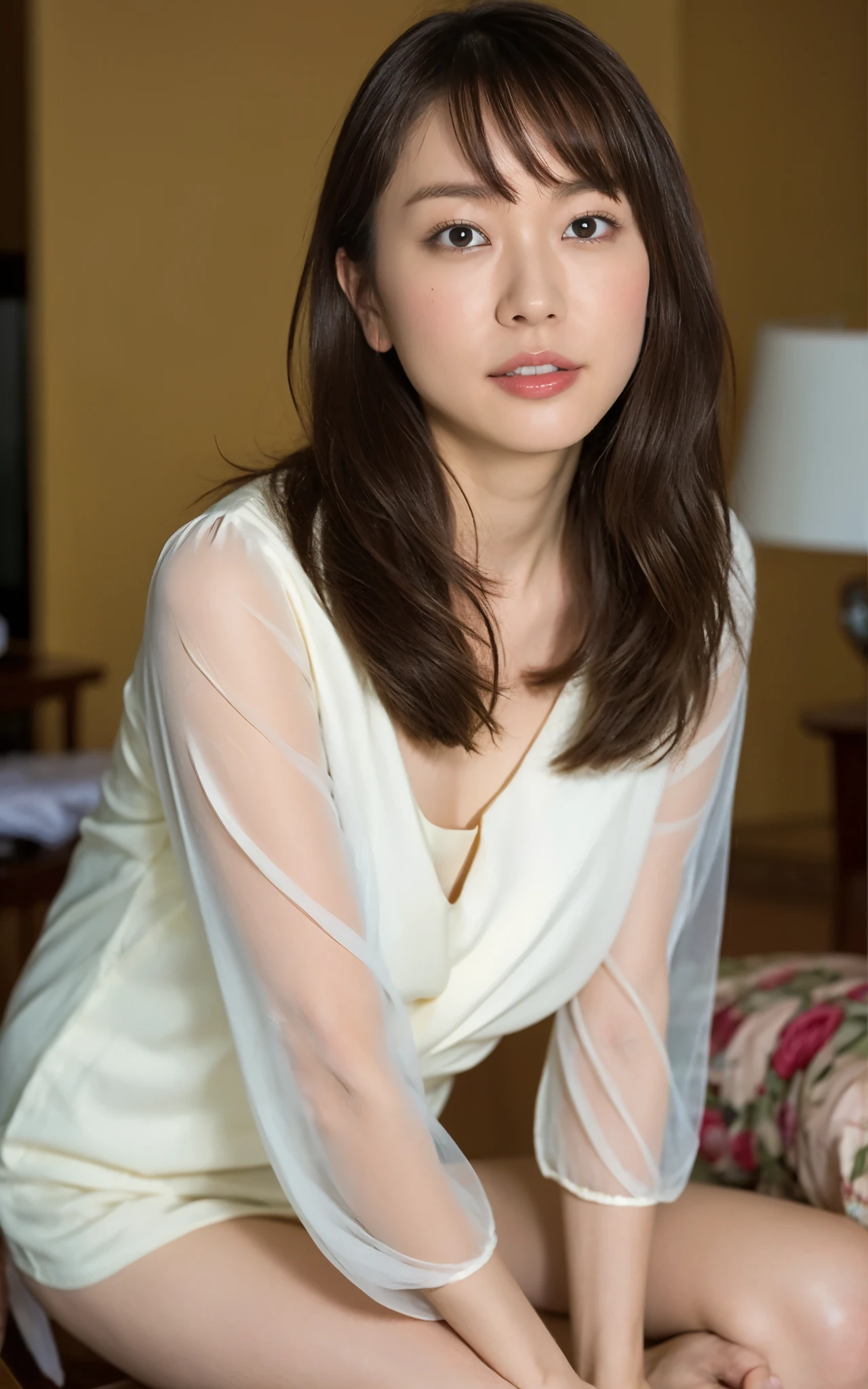 , masterpiece、 tall combat pose 、 Ultra High Definition、 exists、 (( Beautiful wife:1.6)), Light shirt with floral pattern 、 clean the living room, high resolution face 、 detailed faces、Detailed flat chest、 small breasts、 swollen nipples、 fine skin、Detailed genital shapes、 upper body、 sit straight with legs crossed, AVactress, darkroom, Darkness, short bob, flowing bangs , blond with a big face, Fuller lips, actressメイク, Mischievous expression , An explosion of discontent, I want you to touch me