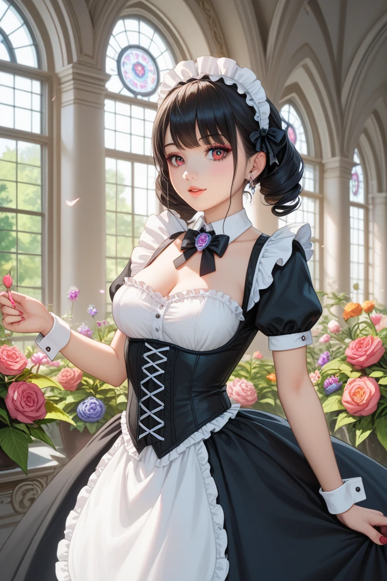 (Close-up:1.4)、(RAW shooting:1.2)、(photorealistic:1.4)、(masterpiece:1.3)、(highest quality:1.4)、solo、7 head and body、(slender and beautiful girl)、cute、(beautiful detailed eyes)、(charming big eyes)、(beautiful double eyelids)、(beautiful and detailed face)、(smile full of joy:1.3)、(Medium chest:1.2)、(cleavage)、(erect nipples:1.2)、(full body shot)、8K、(muste piece:1.2)、(pale blue hair、short bob:1.3)、(Bangs Patsun)、(headdress、white blouse、black ribbon、White Apron、ruffle skirt、puff sleeves、collar、choker、apron with fine ruffles:1.3)、White Knee High Socks、black maid costume、(Sexy model pose with chest sticking out:1.3)、cowboy shot、view audience、(small butt)、(beautiful hands)、(beautiful thighs)、cute系、(perfect anatomy:1.2)、ancient city、