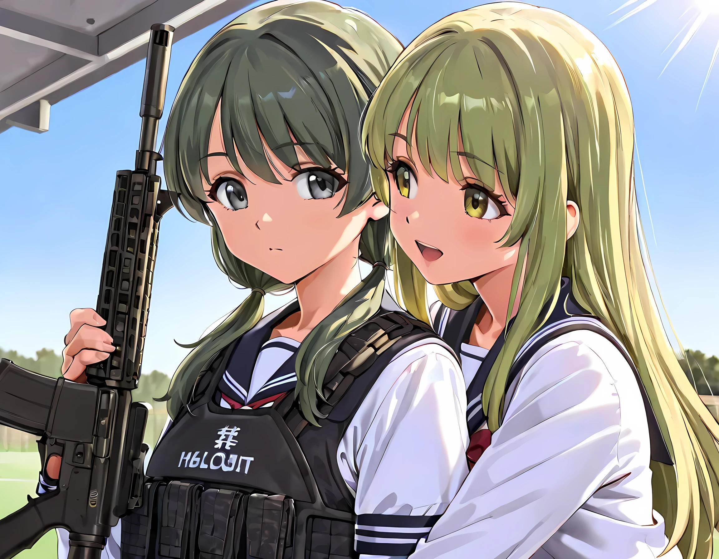 masterpiece, best quality, 8K, high detailed, vector illustration, detailed beautiful face, (yd\(orange maru\):0.9), (reizei\(cyclone\):0.6), (ame\(uten cancel\):0.6), school uniform, JK, Cinematic Girls With Guns Style, 2girls, upper body, sunlight, clear sky, At the school's outdoor shooting range,A high school girl with an M4 rifle is being taught how to shoot by a student instructor standing next to her, the instructor girl has medium-long yellow-green hair and yellow-green eyes, and wears a long-sleeved black sailor uniform with a khaki ballistic vest, The other high school girl has short, twin-tailed chestnut hair and gray eyes, is wearing a long-sleeved black sailor uniform, a black tactical vest, and is holding an M4 rifle, There is a shooting stand set up in the shooting range, and students from the same school are shooting there, The two high school girls are trying to avoid making any mistakes with serious expressions on their faces