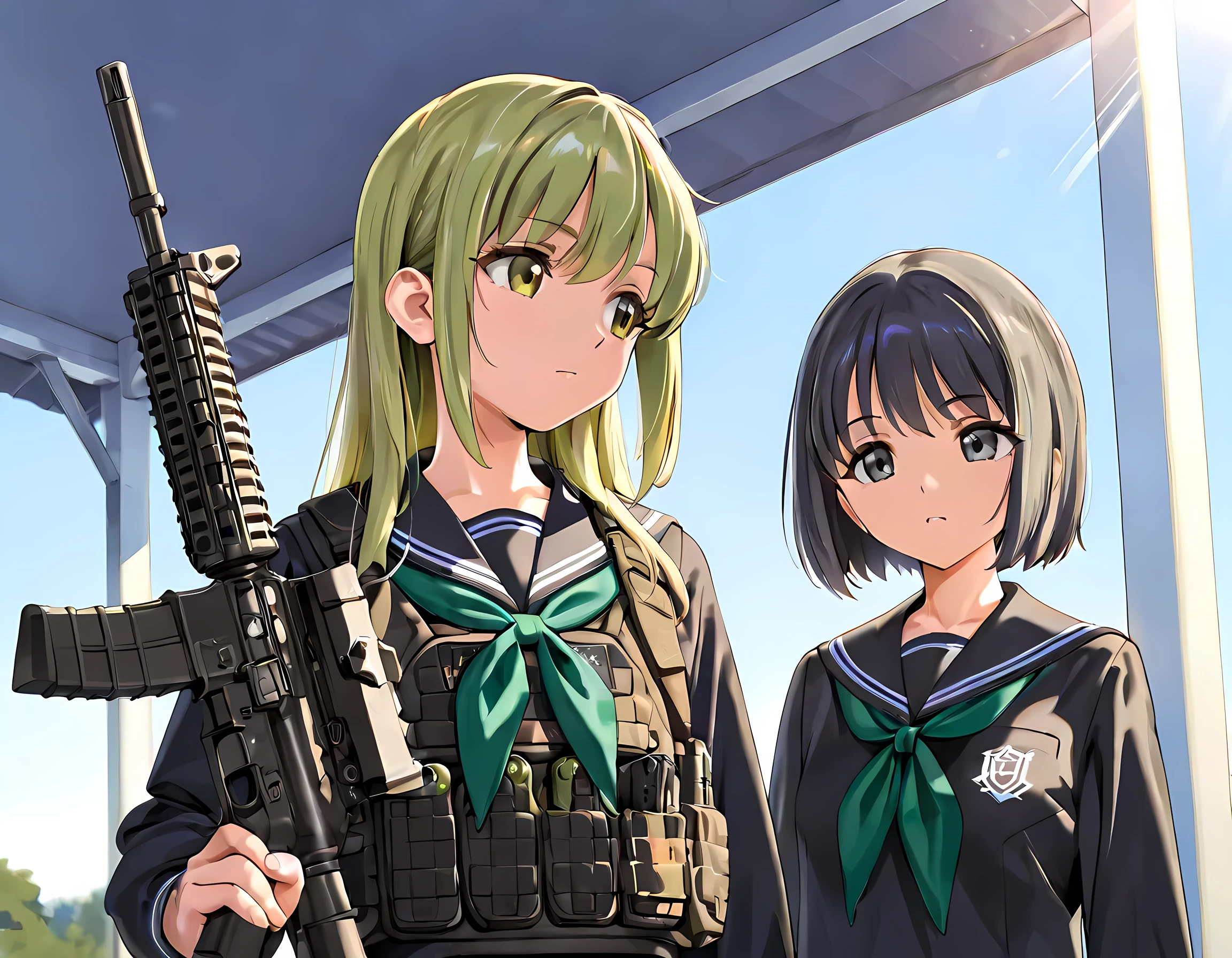 masterpiece, best quality, 8K, high detailed, vector illustration, detailed beautiful face, (yd\(orange maru\):0.9), (reizei\(cyclone\):0.6), (ame\(uten cancel\):0.6), school uniform, JK, Cinematic Girls With Guns Style, 2girls, upper body, sunlight, clear sky, At the school's outdoor shooting range,A high school girl with an M4 rifle is being taught how to shoot by a student instructor standing next to her, the instructor girl has medium-long yellow-green hair and yellow-green eyes, and wears a long-sleeved black sailor uniform with a khaki ballistic vest, The other high school girl has short, twin-tailed chestnut hair and gray eyes, is wearing a long-sleeved black sailor uniform, a black tactical vest, and is holding an M4 rifle, There is a shooting stand set up in the shooting range, and students from the same school are shooting there, The two high school girls are trying to avoid making any mistakes with serious expressions on their faces