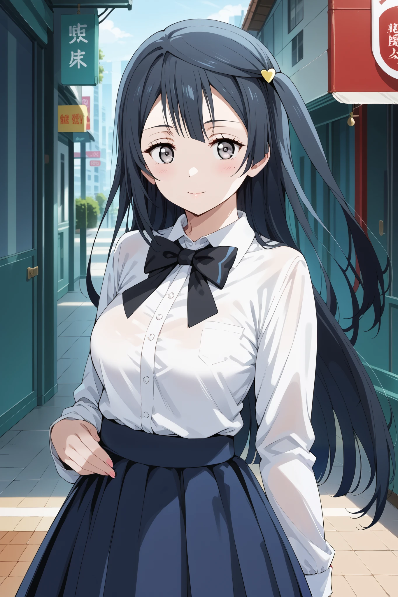 score_9, score_8_up, score_7_up, source_anime, 4K,perfect fingers,(perfect hands, perfect anatomy),prefect lighting, very aesthetic, intricate details,highly detailed background, masterpiece, high quality, best quality,
1girl, setsuna yuuki, yuuki setsuna (love live!), long hair, bangs, black hair, sidelocks, grey eyes, one side up, hair ornament, Large Breast,,
wearing ((black bowtie,white shirt,  )),,
looking at viewer, 