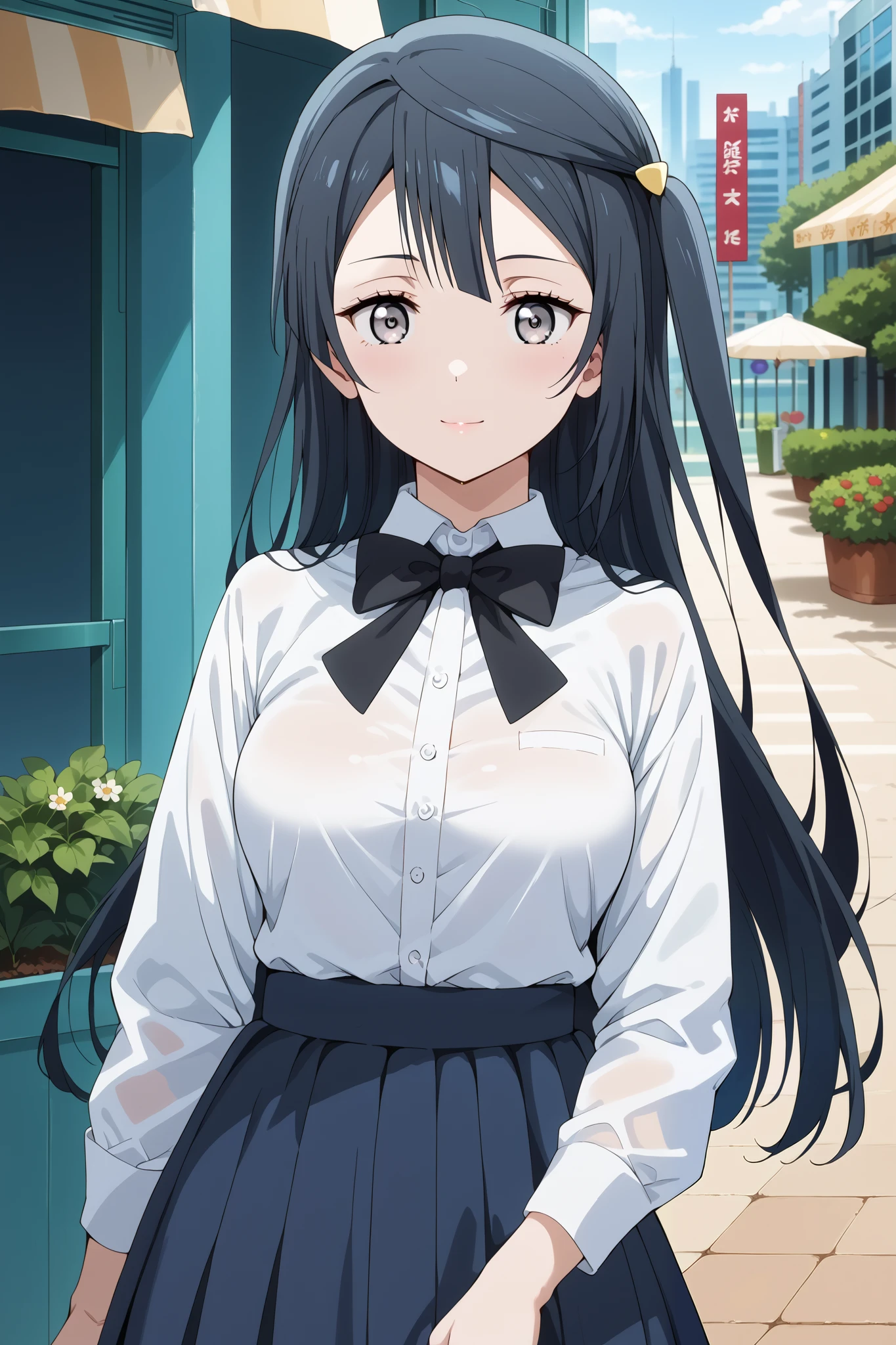 score_9, score_8_up, score_7_up, source_anime, 4K,perfect fingers,(perfect hands, perfect anatomy),prefect lighting, very aesthetic, intricate details,highly detailed background, masterpiece, high quality, best quality,
1girl, setsuna yuuki, yuuki setsuna (love live!), long hair, bangs, black hair, sidelocks, grey eyes, one side up, hair ornament, Large Breast,,
wearing ((black bowtie,white shirt, )),,
looking at viewer,