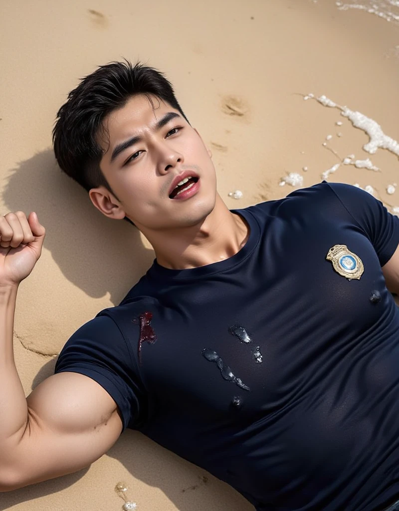 (Create a masterpiece: 1.2),(CGI art:1.3),(realistic:1.5),(After processing:1.3), (Sharp focus:1.3), 1 man, open mouth, smile, (Navy blue round neck shirt), shorts, Korean people , korean men, (high glossy details), chest muscles, large arm muscles, blood vessel, big muscles, Broad shoulders, looking at the audience, Balancing the eyes, By the sea, beach, sunlight, run towards the camera