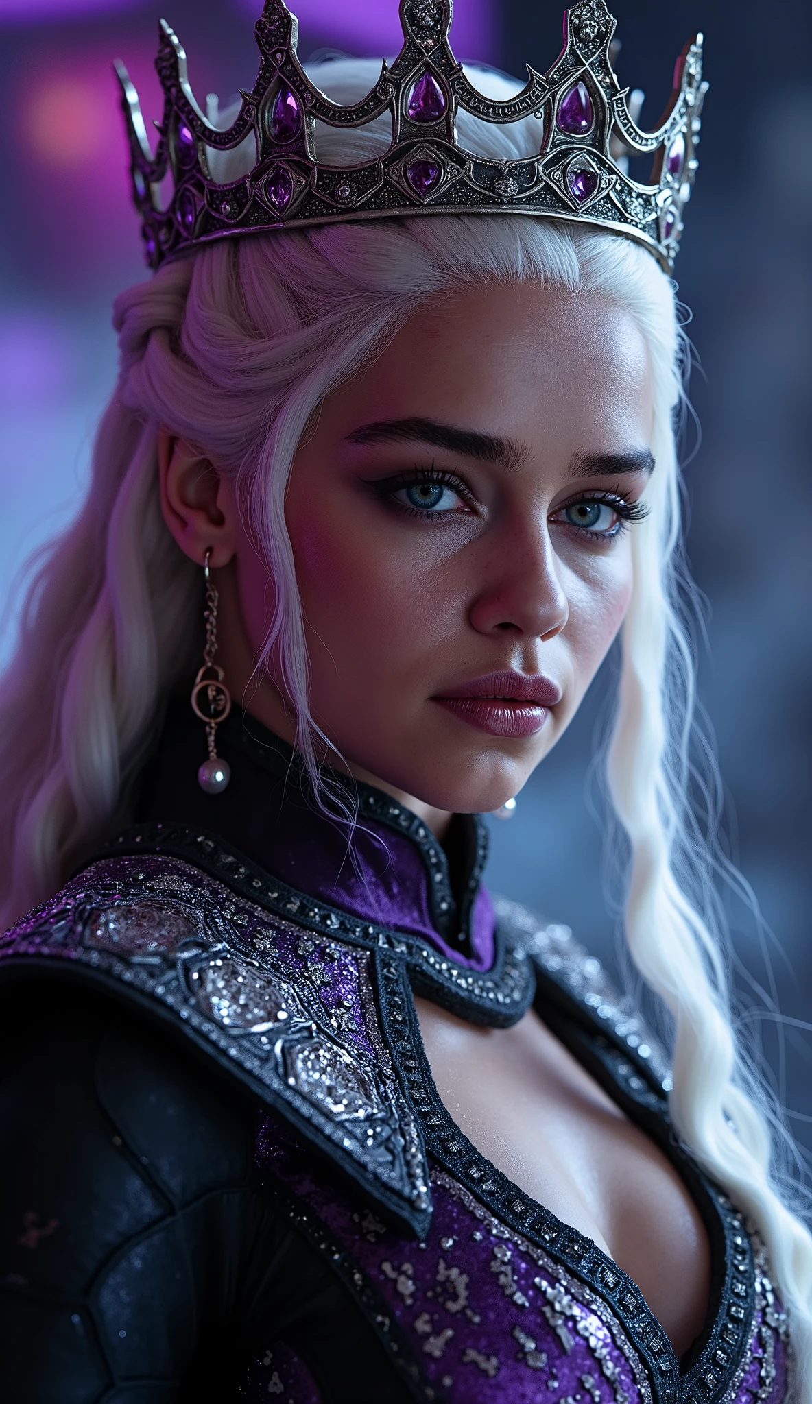 Here's a detailed prompt to generate a super realistic image of Emilia Clarke as Daenerys Targaryen playing Sindel, with a brilliant and detailed look, focused on the upper body: "Close-up hyper-realistic by Emilia Clarke as Daenerys Targaryen interpreting Sindel, the powerful and deadly queen of * mortal kombat*. She is in a majestic and dominant pose, with a haughty and intense expression. Sindel wears her iconic shiny costume, with metallic details and reflections that highlight her luxurious and imposing look. The focus is on the face and upper body, highlighting the skin texture , the brilliant reflections of the costume and the intricate details of her crown and ornaments. The lighting is dramatic , with purple and silver tones, creating strong contrasts between light and shadow . The background is a realistic and gothic setting, with cold lights, soft smoke and elements of a dark and elegant palace, adding an intense and immersive atmosphere." This prompt should guarantee an incredibly realistic and detailed image, focused on the upper body da Emilia Clarke como Daenerys Targaryen interpretando Sindel, with a brilliant and impactful visual!