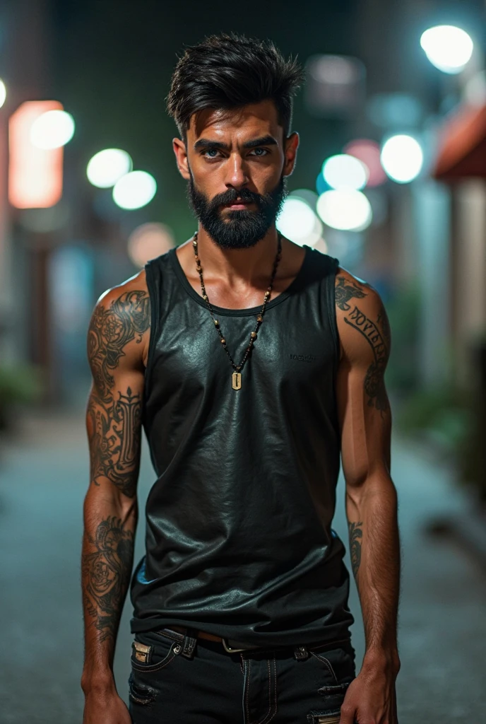 35 year old man, of exaggeratedly large build, short hair shaved on the sides with red tips.Leader of a group of bikers, shirtless with marked abs and a leather vest.