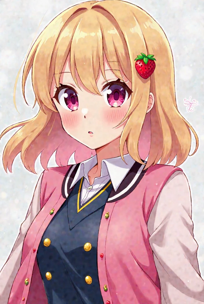 female, Blonde and pink shoulder length hair, pink pupils, japanese, strawberry hairpin, strawberry earrings, pink varsity jacket,dark blue highschool uniform with gold buttons