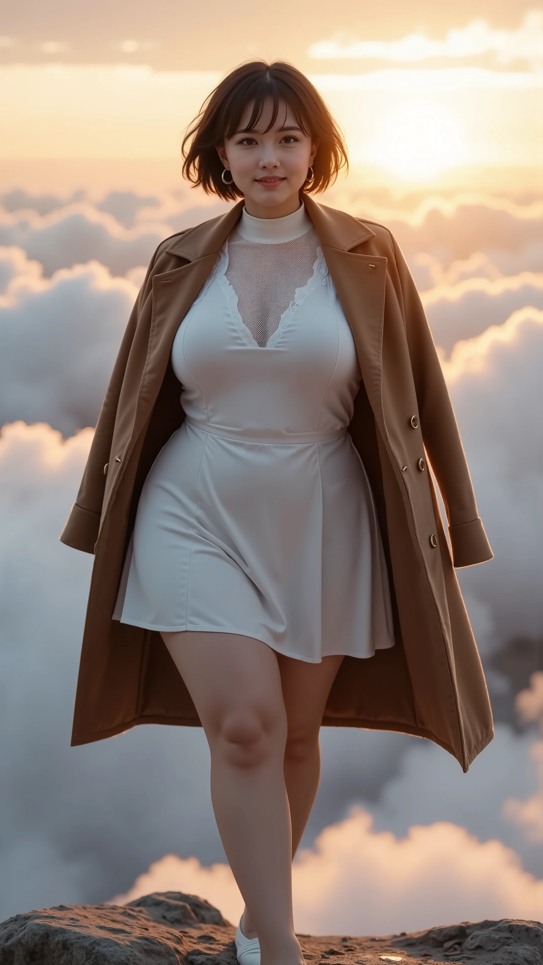  France in the 21st Century 2025  ，  one woman(((full女人（(Fat，full，Meat quality( Strong Waist ,  Curved Plus Size Body  )（huge boobs），Short hair is fluffy and slightly curly,double layer hollow silk clothes(Turtleneck:1.2)cowhide coat（Cover bust，Don't miss your boobs， not to miss neck），Briefs (  Huge Camel Toe ,Camel Hoof，Pubic bulge、Raised ，Like a steamed bun，Like abalone，full有肉)))，full body photo ，  Super Fine ,   high resolution  ,   Super Fine ed,   best quality ,  marvelous,  high quality,  extremely fine CG Unity 8K wallpaper 。Walking in the clouds ，stand on the clouds in the sky to watch the sunrise