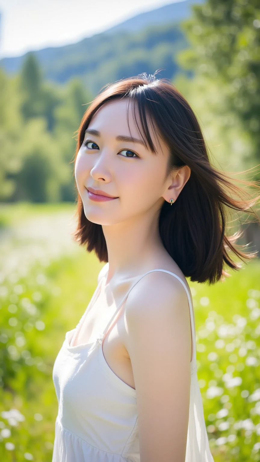 (Realistic:1.4), (surreal:1.4), (Smooth lighting:1.05), 1 Girl, Mouth closed, Laugh a little, Pure beauty, 22 years ago, Soft lighting, Backlight, (High quality realistic skin texture), Narrow eyes, Very detailedな顔, Glowing Skin, retina, Anatomically correct, Acura, Very detailed, Rough skin, high quality, Advanced Details, 最high quality, High resolution,Morning forest with clear water flowing through it, Short hair swaying in the wind, bangs, blouse