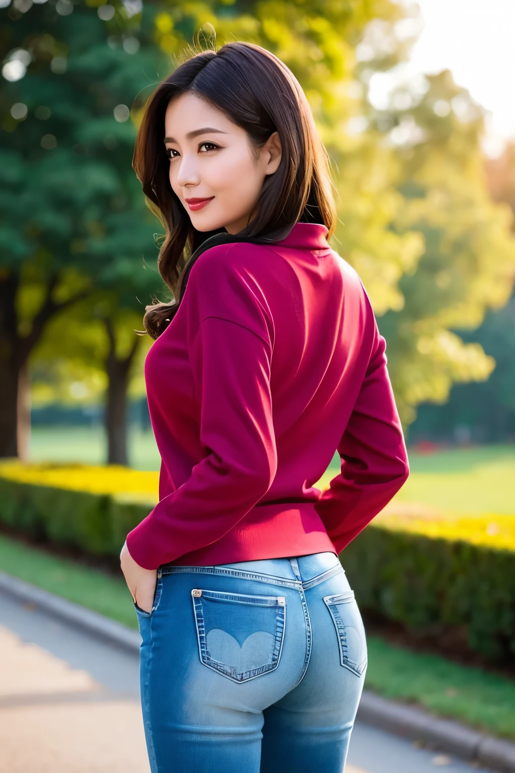 ( top quality、 table top、8k、 Highest quality、 Award-winning work )、 ( 50 year old mature woman:1.1)、face、(simple long sleeve sweatshirt:1.1)、( DENIM LONG JEANS:1.1)、( Photo from below:1.4) 、私を見つめる笑face、(Rear View:1.1)、(Take a picture of a standing woman's butt from below:1.1)、 , stands gracefully、笑face、 accurate anatomy、 (elegant park blur background:1.1) 、(Wide々A park with a wild landscape:1.1)、 Wideい々Beautiful park background、look at me、 perfect makeup 、 red shiny lips 、beautiful, radiant skin、 Highlight Your Waistline 、 glossy lips 、 Vertical position