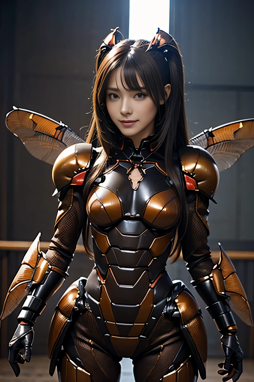 (high resolution,masterpiece,best quality,extremely detailed CG, anime, official art:1.4), realistic, photo, amazing fine details, all intricate, gloss and shiny,awesome many layers, 8k wall paper, 3d, sketch, kawaii, illustration,( solo:1.4), perfect female proportion,villainess, (fusion of dark brown cockroach and lady:1.4), (brown cockroach form lady:1.2), (brown cockroach lady:1.2), (fusion:1.2), (solo:1.4), (evil smile:1.2), muscular, abs, (cockroach brown exoskeleton bio insect suit:1.4), (cockroach brown exoskeleton bio insect armor:1.2), (brown transparency cockroach wing:1.4), (brown cockroach antennae:1.3),