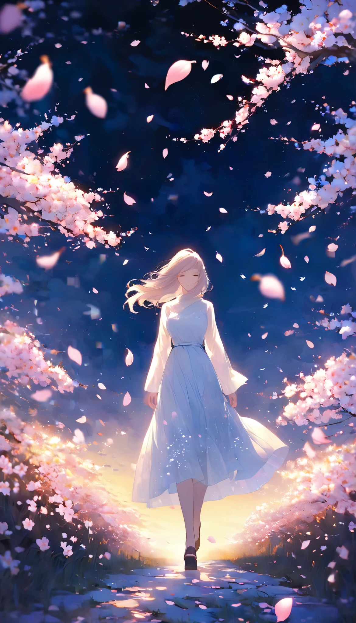 Anime girl in a blue dress walking through a field of flowers - SeaArt AI
