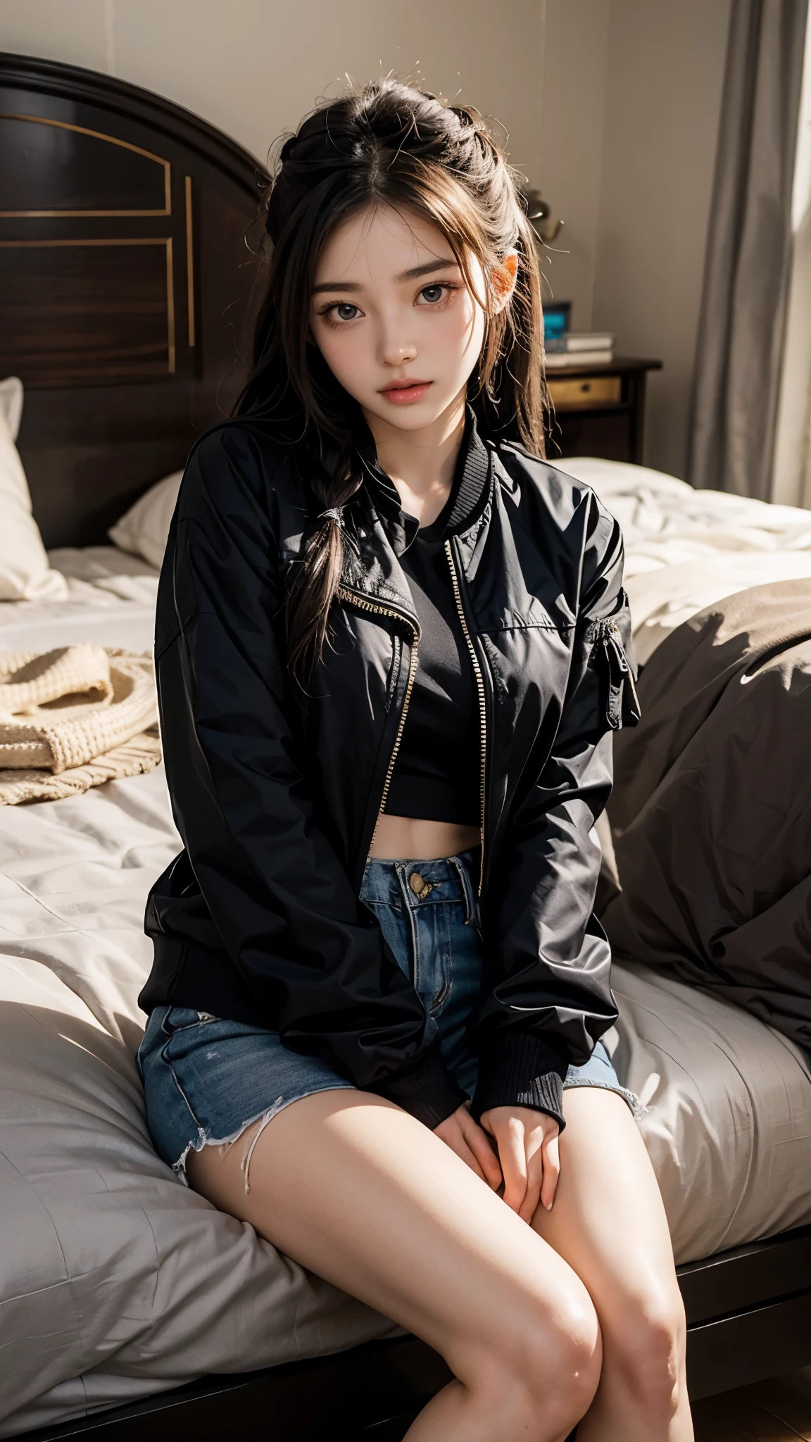 14 years old,long sleeve jacket,Bare legs,whole body,Pure,thin