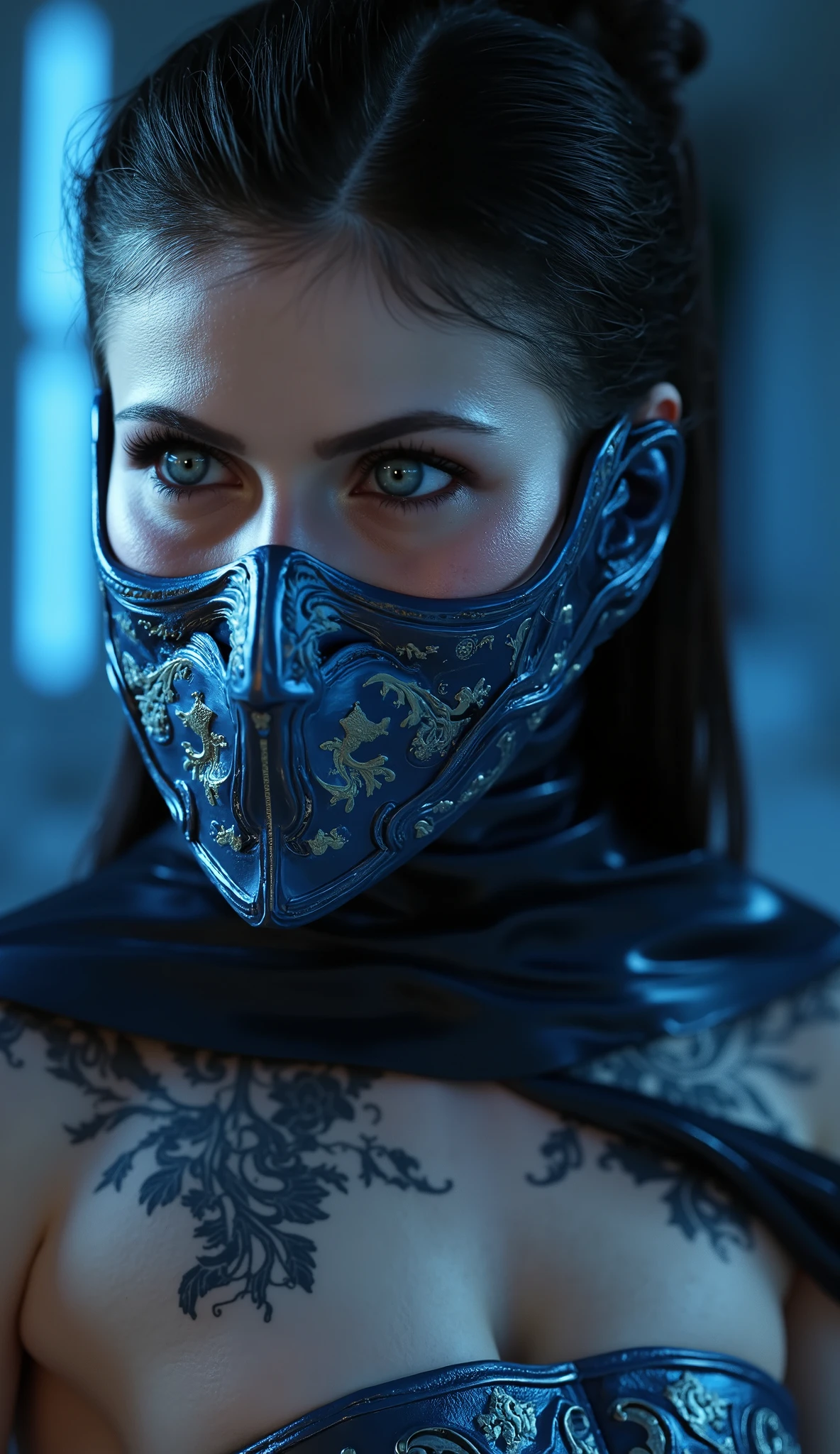Here's a prompt detailed to generate a super realistic image of Alexandra Daddario as Kitana, with a shiny metal mask and details blue, focused on the upper body: "Hyper-realistic Close-up of Alexandra Daddario as Kitana, the warrior of * mortal kombat*. She is in a graceful and powerful pose, with a calm expression , but determined. Kitana wears her iconic blue and shiny silver costume, with metallic details that reflect light in an impressive way. Her metal mask, that covers part of the face , is highly detailed , with brilliant blue tones and intricate patterns that match your outfit. The focus is on the face and upper body, highlighting the skin texture , the metallic reflections of the mask and the details of the suit. The lighting is soft and dramatic , with bluish tones and delicate contrasts between light and shade, creating a cinematic effect . The background is a realistic and epic setting, with cold lights, soft mist and elements of an oriental palace, like marble columns and flowing fabrics, adding a sublime and enveloping atmosphere." This prompt should guarantee an incredibly realistic and detailed image, focused on the upper body da Alexandra Daddario como Kitana, with a shiny metal mask and details blue, against a striking background!