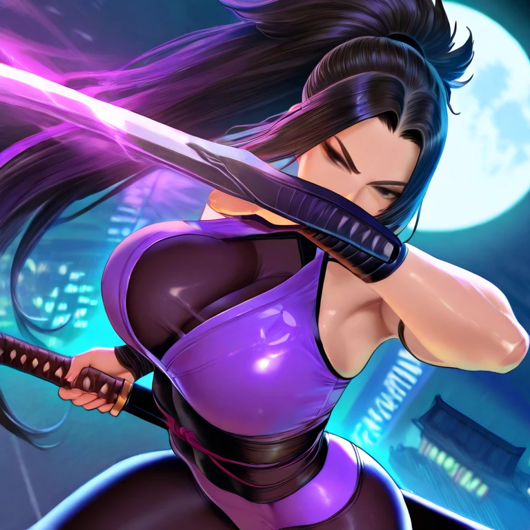 league of legends, leona, warrior, sword, shield, tattoos, ponytail, green bikini, c string, gloves, sleeveless, huge breasts, cleavage, red lipstick, black hair, blue eyes, wide hips, thick thighs, muscles, abs, action pose