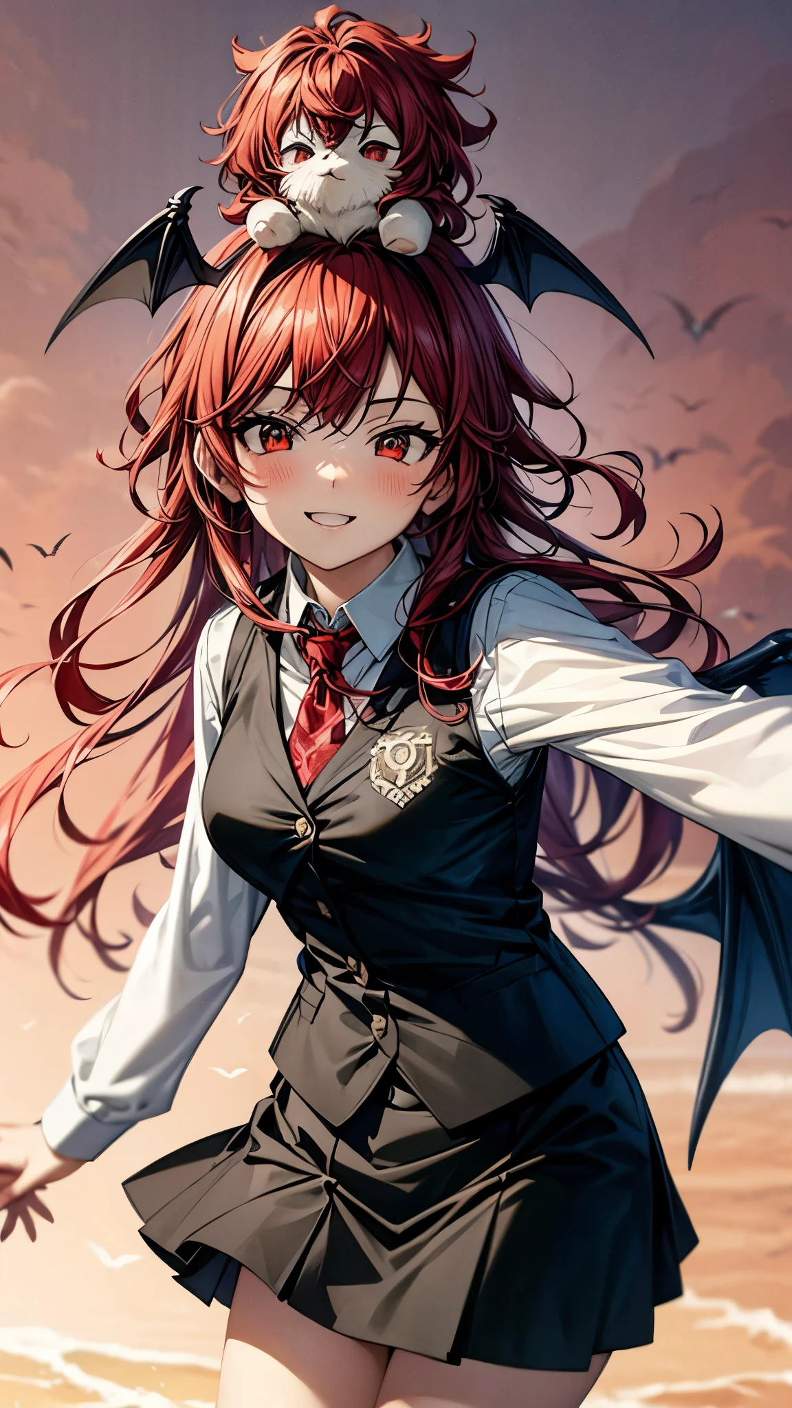 （Ultra High Quality,Ultra High Definition,16k,super masterpiece,Ultra HD , detailed shading and background,）one girl, long red hair with ocean print,bat feathers on the head, devil's wings on the back, white long sleeve shirt,Black vest,black skirt,smile,blush,The library where the sun shines,