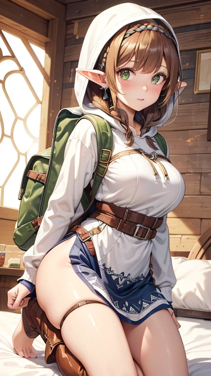 A forest druid, 1 girl, brown hair, medieval fantasy, D&d, RPG, ultra realistic, ultra detailed, best quality, 8k, wallpaper, lying on grass, back, ass, no pants, no pants, tiny panties, tight panties, white panties, panty view, cameltoe, pantyshot, RAW, seminude, thong,