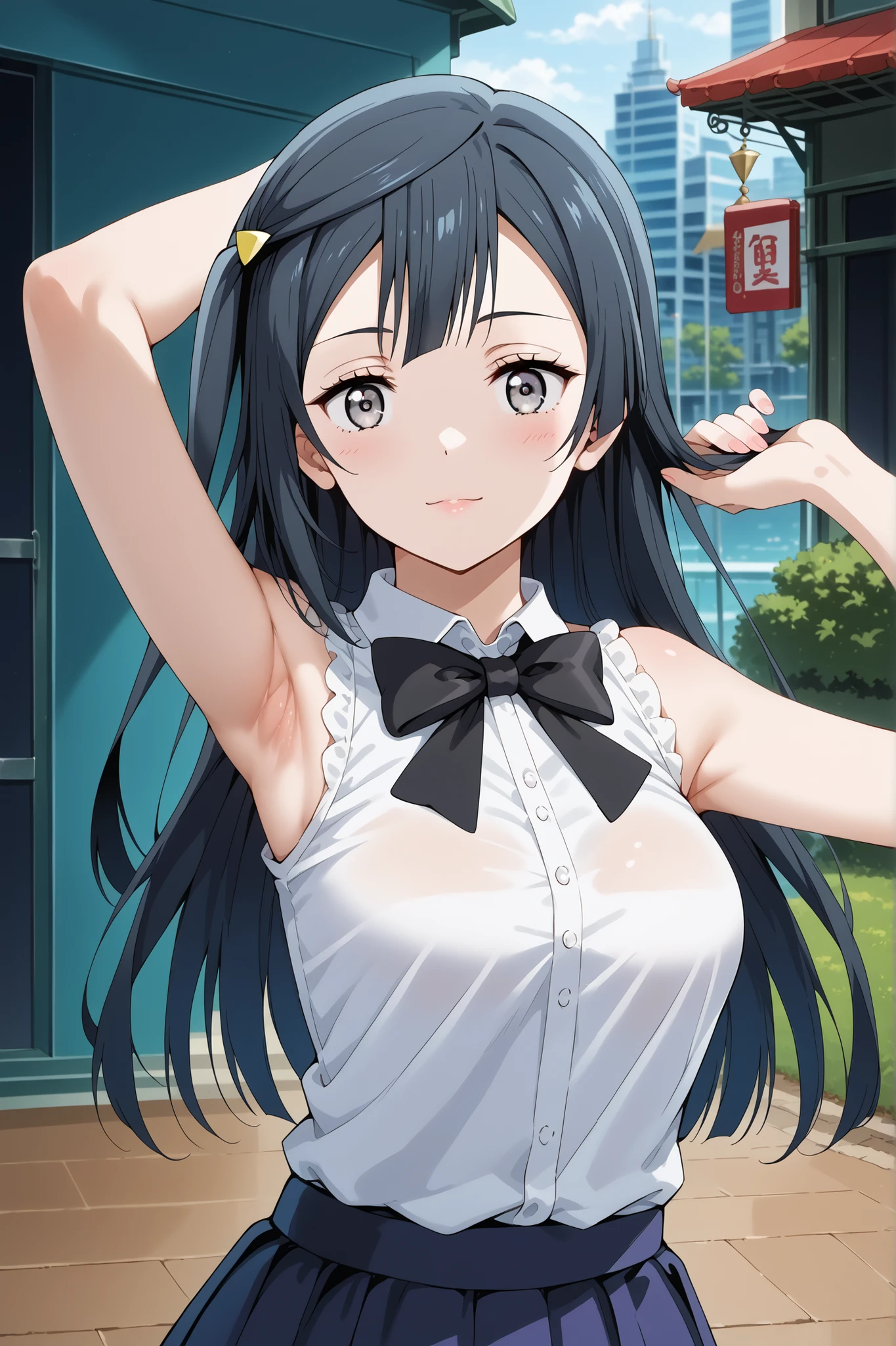 score_9, score_8_up, score_7_up, source_anime, 4K,perfect fingers,(perfect hands, perfect anatomy),prefect lighting, very aesthetic, intricate details,highly detailed background, masterpiece, high quality, best quality,
1girl, setsuna yuuki, yuuki setsuna (love live!), long hair, bangs, black hair, sidelocks, grey eyes, one side up, hair ornament, Large Breast,,
wearing ((black bowtie,white shirt,sleeveless, )),,
looking at viewer, (cowboy shot:1.5),armpits,