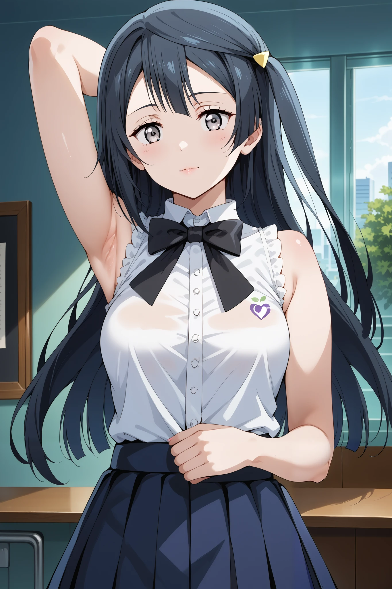 score_9, score_8_up, score_7_up, source_anime, 4K,perfect fingers,(perfect hands, perfect anatomy),prefect lighting, very aesthetic, intricate details,highly detailed background, masterpiece, high quality, best quality,
1girl, setsuna yuuki, yuuki setsuna (love live!), long hair, bangs, black hair, sidelocks, grey eyes, one side up, hair ornament, Large Breast,,
wearing ((black bowtie,white shirt,sleeveless,   )),,
looking at viewer, (cowboy shot:1.5),armpits,