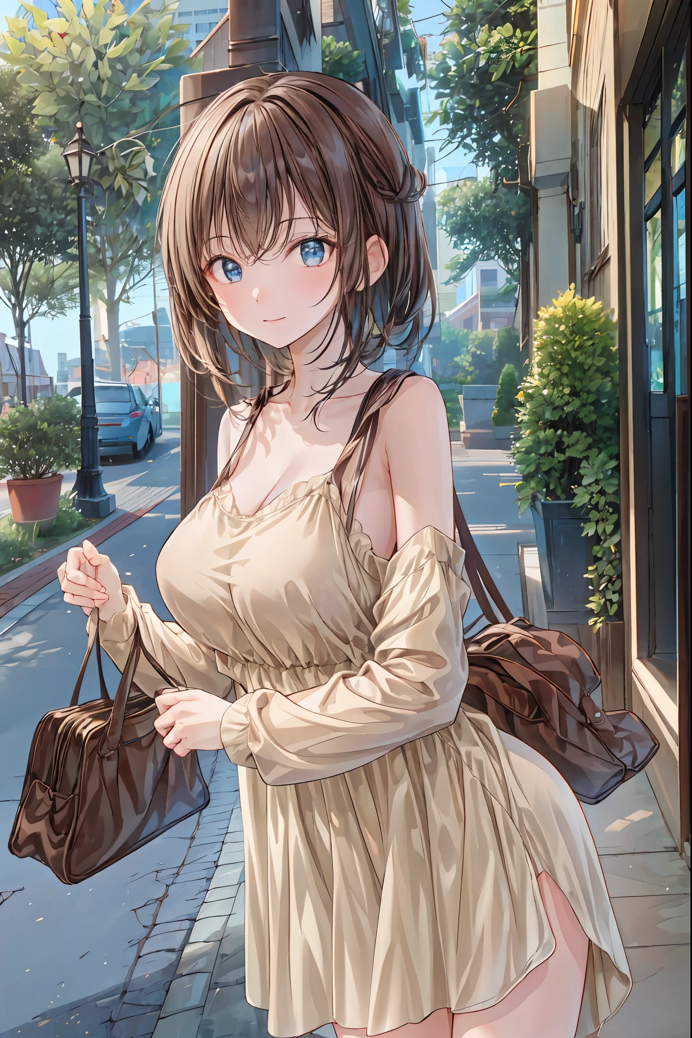 Game , goddess of victory nikke, Rapi , light brown hair, alluring eyes ,beautiful face , crystal red eyes , long hair ,plain colour spaghetti strap dress, selfie wind, 1 hand bag,g cup breast, slender waist, bewitching thighs, five fingers each hand, two hand ,two leg , in town, date, standing, beautiful, high heels, daylight, recreation park,