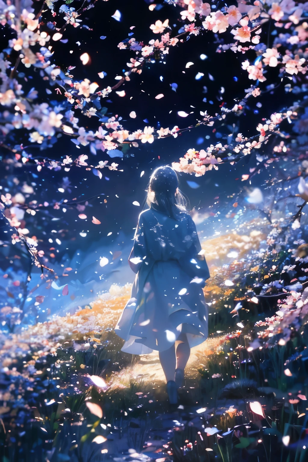 beautiful, Women Are Walking, Alone, Windless Prairie, night, 
 BREAK Multiple Exposures , Permeable Overlay, Cherry Blossom Petals Dancing in the Wind, 0__11Xx _illu, Detailed and Charming Cherry Blossoms, 
Let the wind blow in the windless scene, 