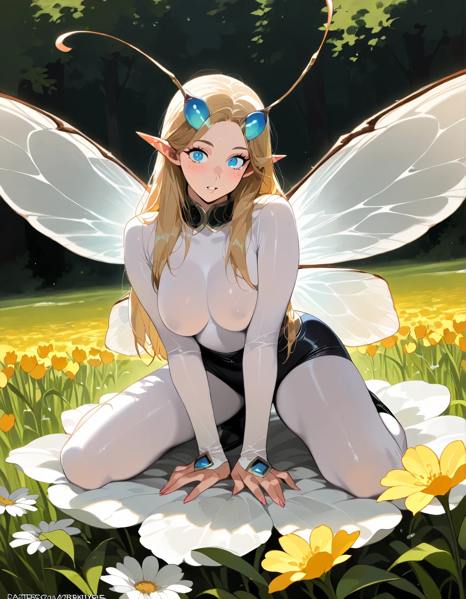 Stylized Highres Image, best quality, ((masterpiece)), 1girl, solo, blue eyes, blonde, long hair, freckles, best quality, ((masterpiece)), Insect Woman, tiny, small, on a giant flower, bug fiber bodysuit, floating top, Big BUG wings, wide range of colors, bug eyes, ((EXTREME CMYK colors), ((large apart breasts)), sexy, provocative, seductive, bug antenas, Bug wear, wheat field, ((sited on top of a overgrown flower)), aburdres, vibrant, frontal light, perfect light, Perfect eyes, extremely sery woman, mature, pointy tits, (detailed eyes:1.1), FLYING BUG, ((FLYING OVER THE FIELD)), RETRO FANTASY STYLE, grimoire_noir