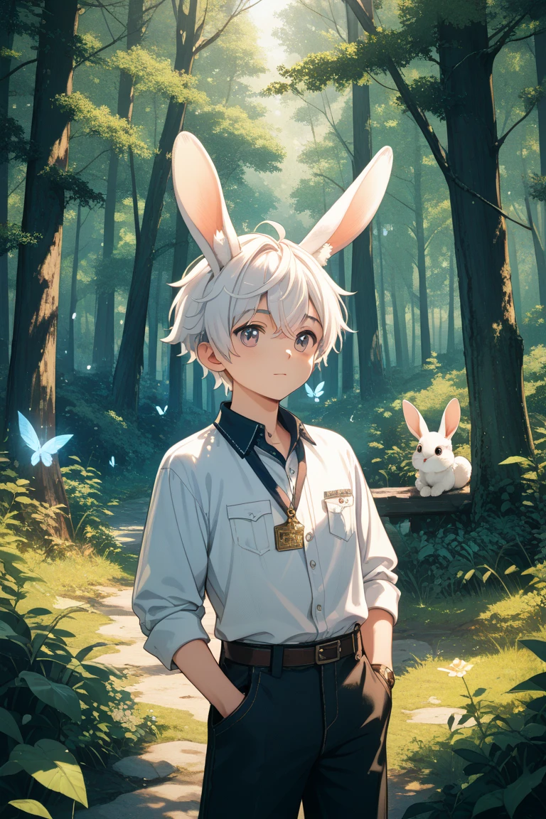 male，（rabbit），white hair，forest，Sunlight，Perfect light，hairy，animal ears，Tail，squatting position，Crouching very close，young，one person，Facing the camera，portrait，White clothes，front，