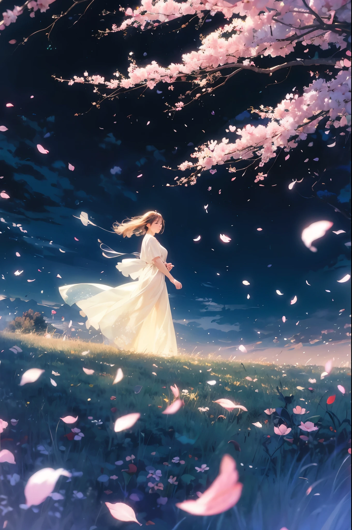 beautiful, Women Are Walking, Windless Prairie, night,
BREAK Multiple Exposures , Permeable Overlay, Cherry Blossom Petals Dancing in the Wind, 0__11Xx _illu, Detailed and Charming Cherry Blossoms,
Let the wind blow in the windless scene,
