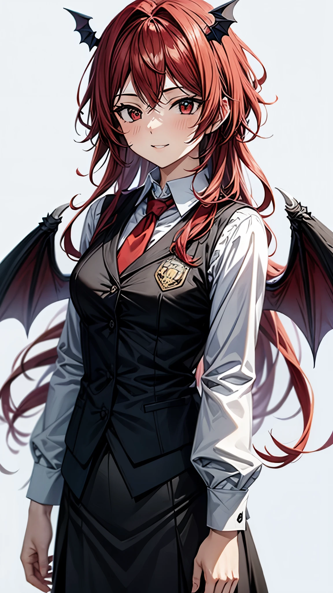 (Ultra High Quality,Ultra High Definition,16k,super masterpiece,Ultra HD , detailed shading and background,)one girl, long red hair with ocean print,bat feathers on the head, devil's wings on the back, white long sleeve shirt,Black vest,black skirt,smile,blush,The library where the sun shines,